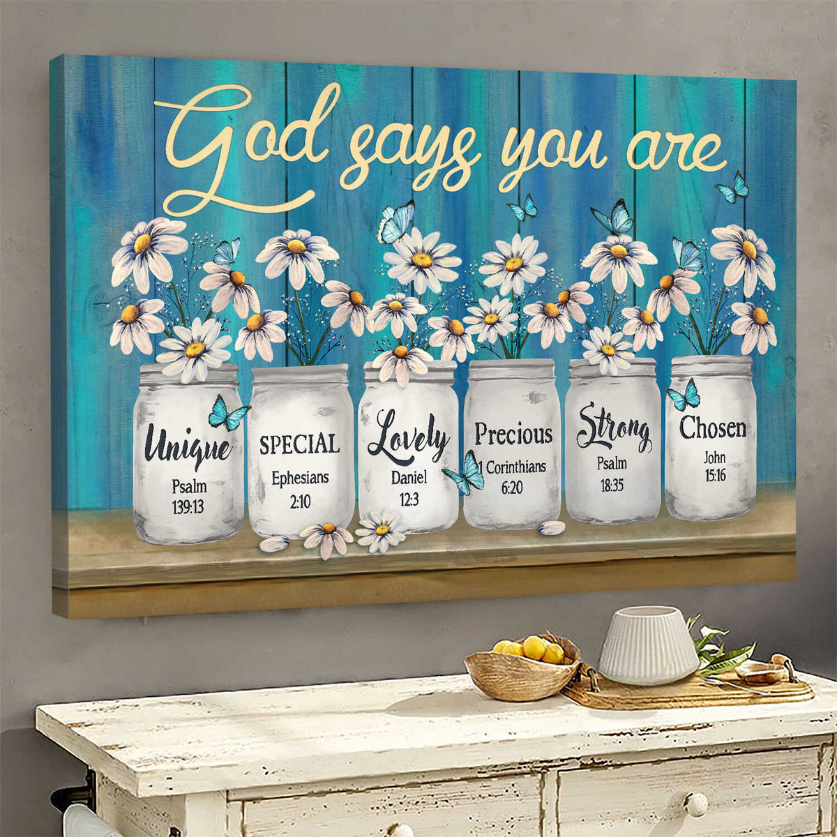 Daisy flower, Manson jars, Blue background, God says you are - Jesus Landscape Canvas Prints, Wall Art