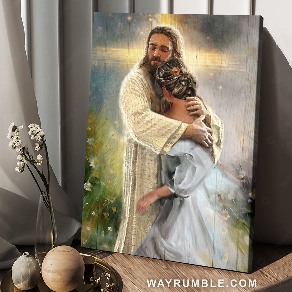 Abstract Jesus painting, Jesus hug, Religious gift, Daisy field, In the arms of God - Jesus Portrait Canvas Prints, Christian Wall Art