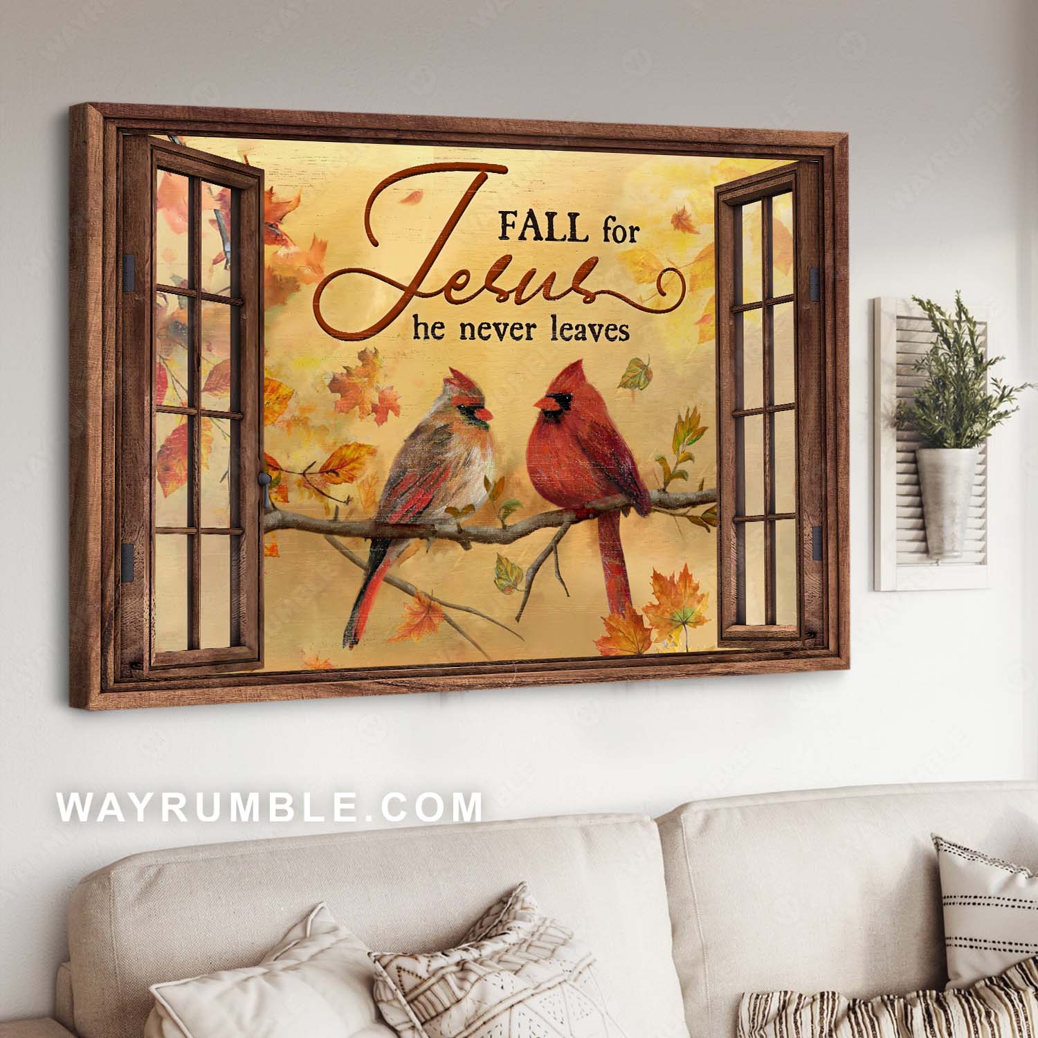 Cardinal painting, Autumn season, Wood windows, Fall for Jesus he never leaves - Jesus Landscape Canvas Prints, Home Decor Wall Art