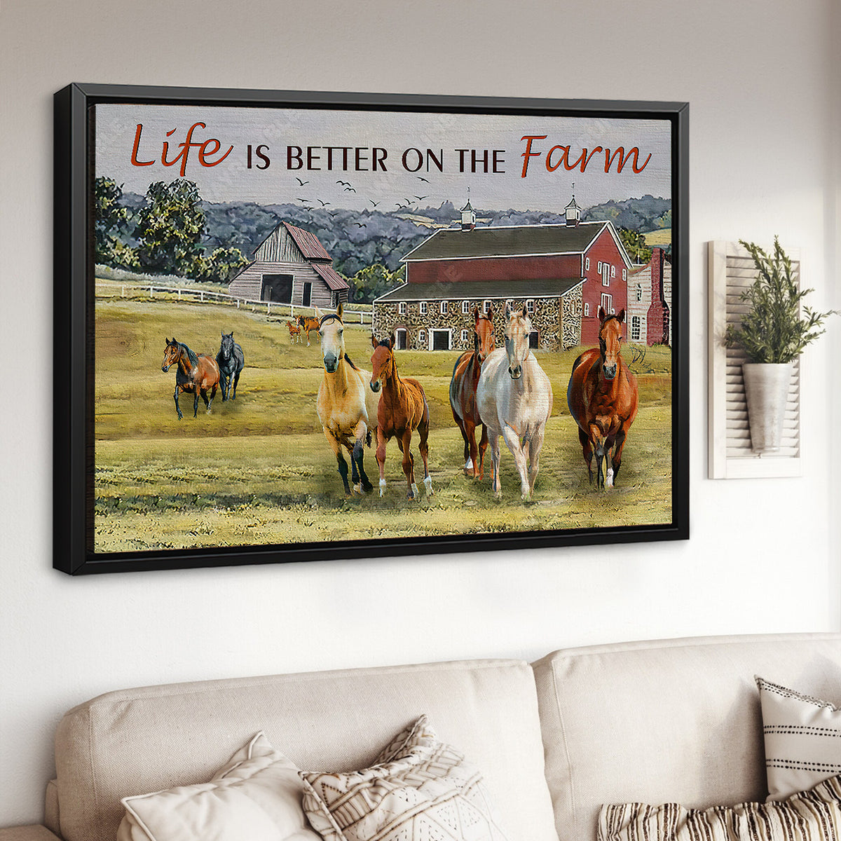 Running horses, Red barn, Farm animal, Life is better on the farm - Jesus Landscape Canvas Prints, Christian Wall Art