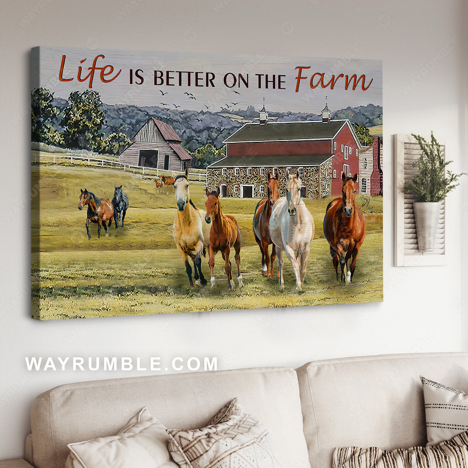 Running horses, Red barn, Farm animal, Life is better on the farm - Jesus Landscape Canvas Prints, Christian Wall Art