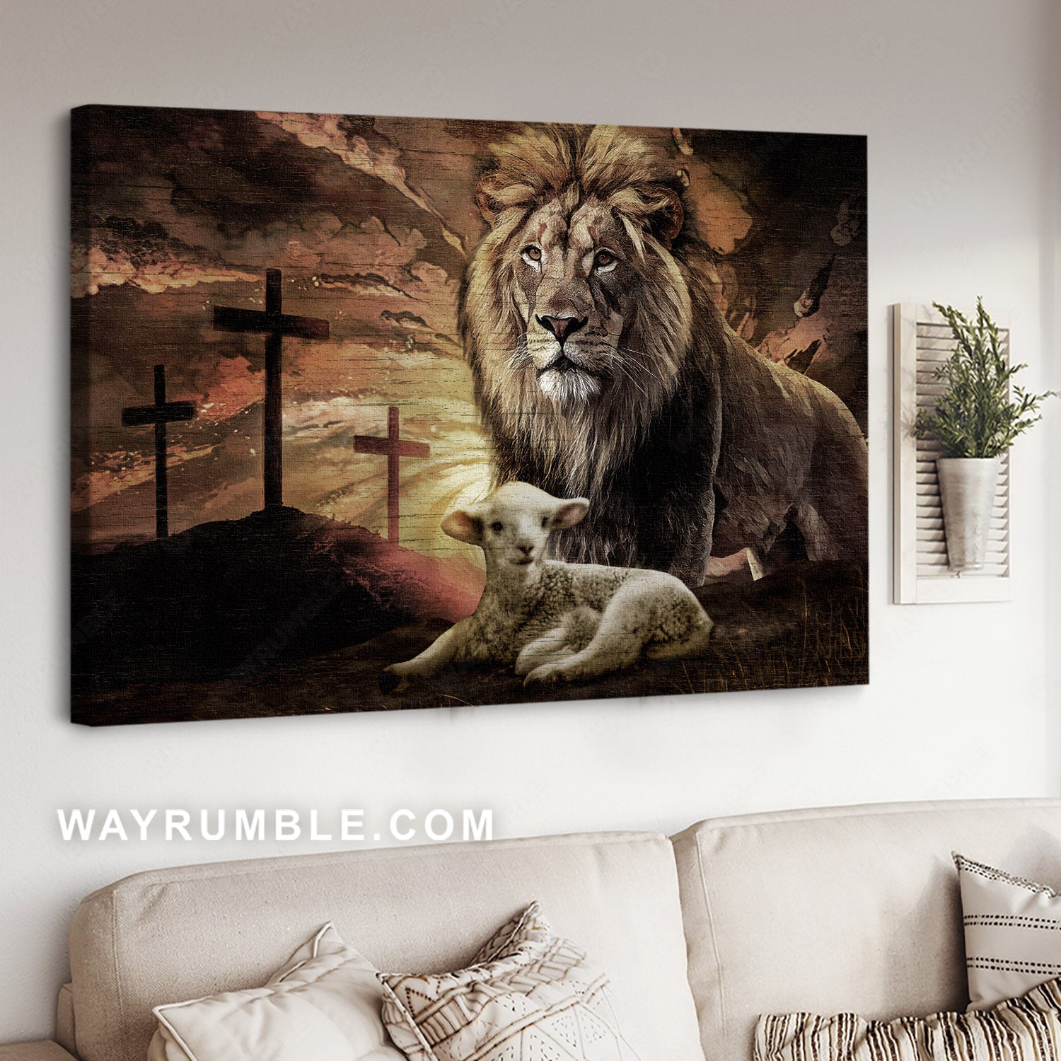 Awesome Lion of Judah, Lamb of God, Three crosses on hill, Religious art - Jesus Landscape Canvas Prints, Christian Wall Art