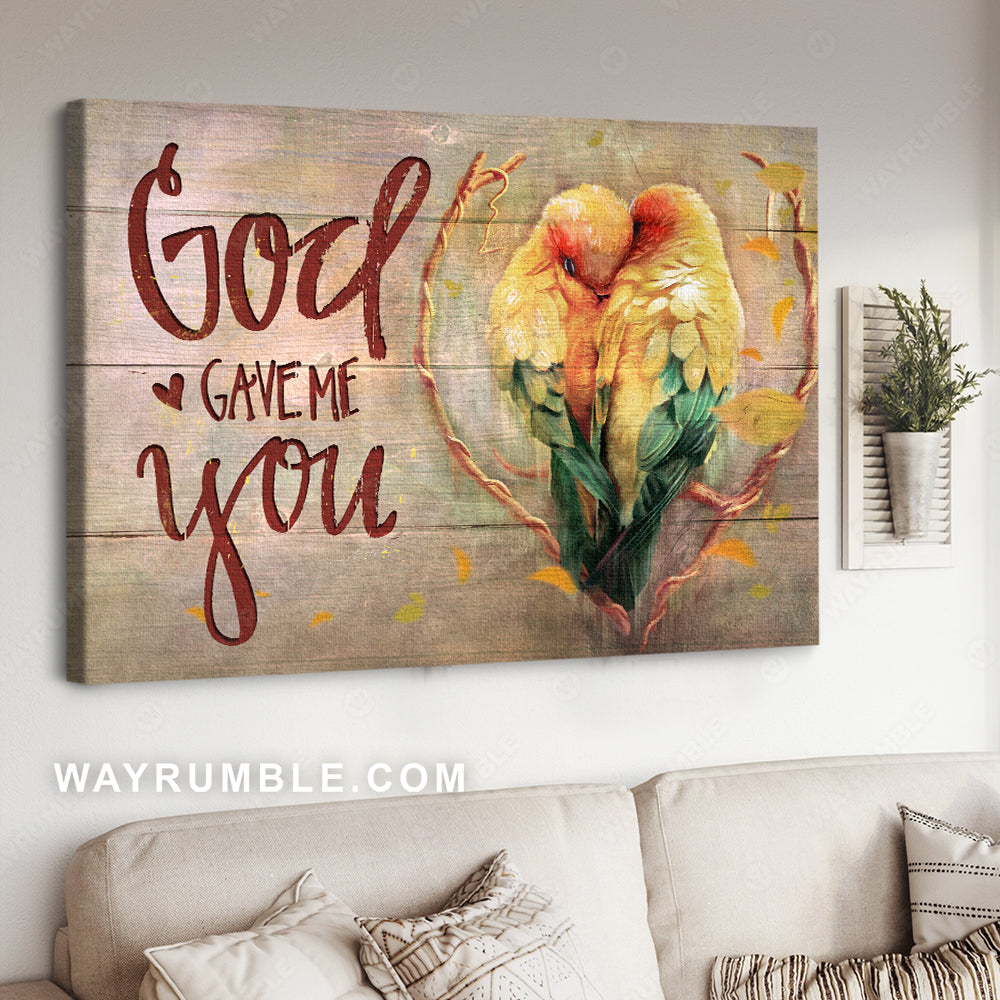 Christian song, Watercolor parrots, Sweet couple, God gave me you - Jesus Landscape Canvas Prints, Home Decor Wall Art