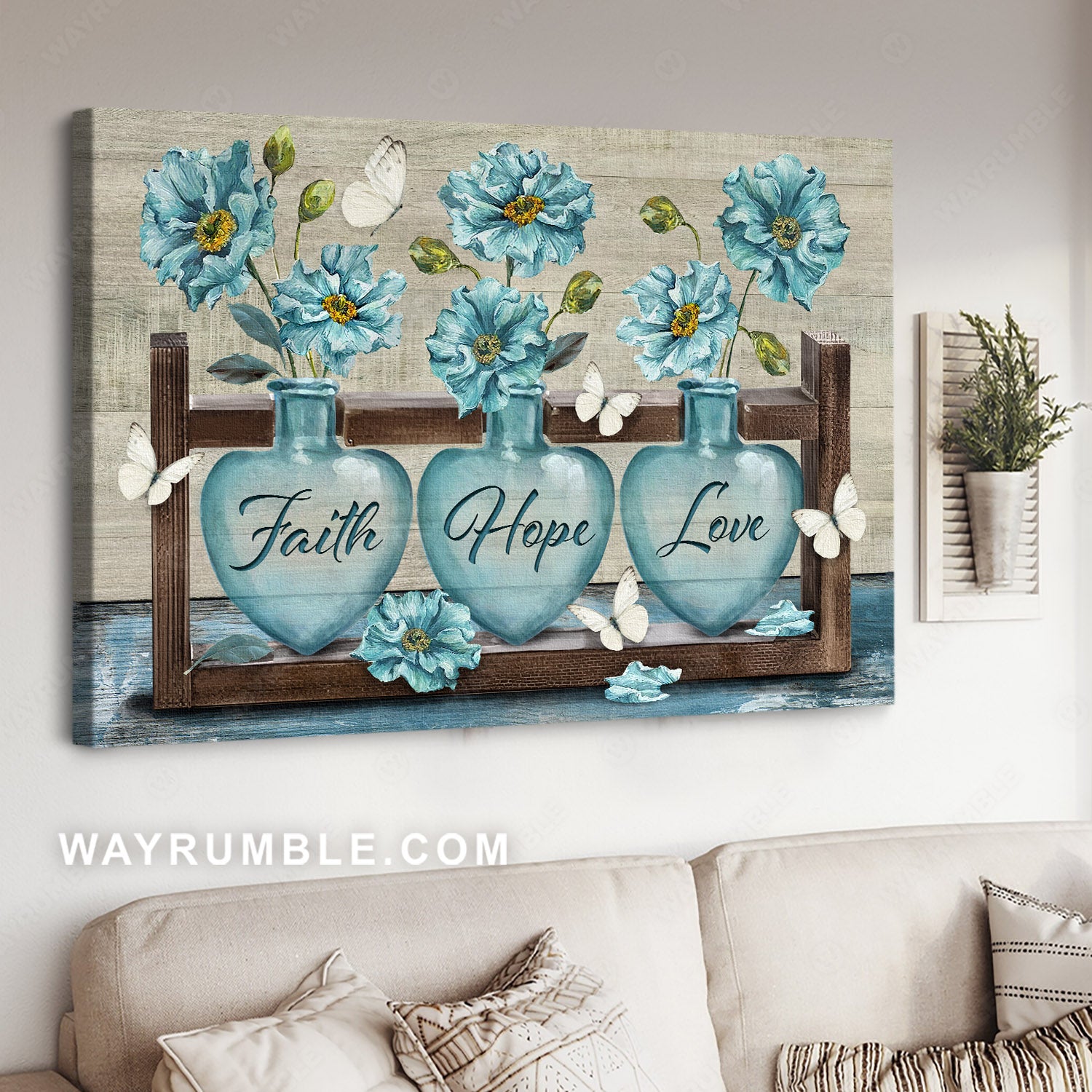Rustic blue flowers, White butterfly, Flower jar, Vintage painting, Faith Hope Love - Jesus Landscape Canvas Prints, Home Decor Wall Art