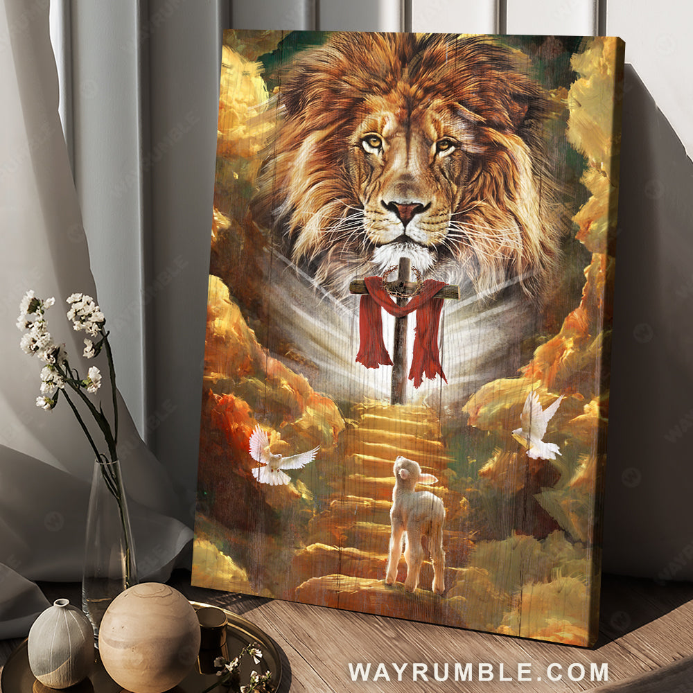 Awesome lion head, Wooden cross, Lamb of God, To the beautiful heaven - Jesus Portrait Canvas Prints, Christian Wall Art