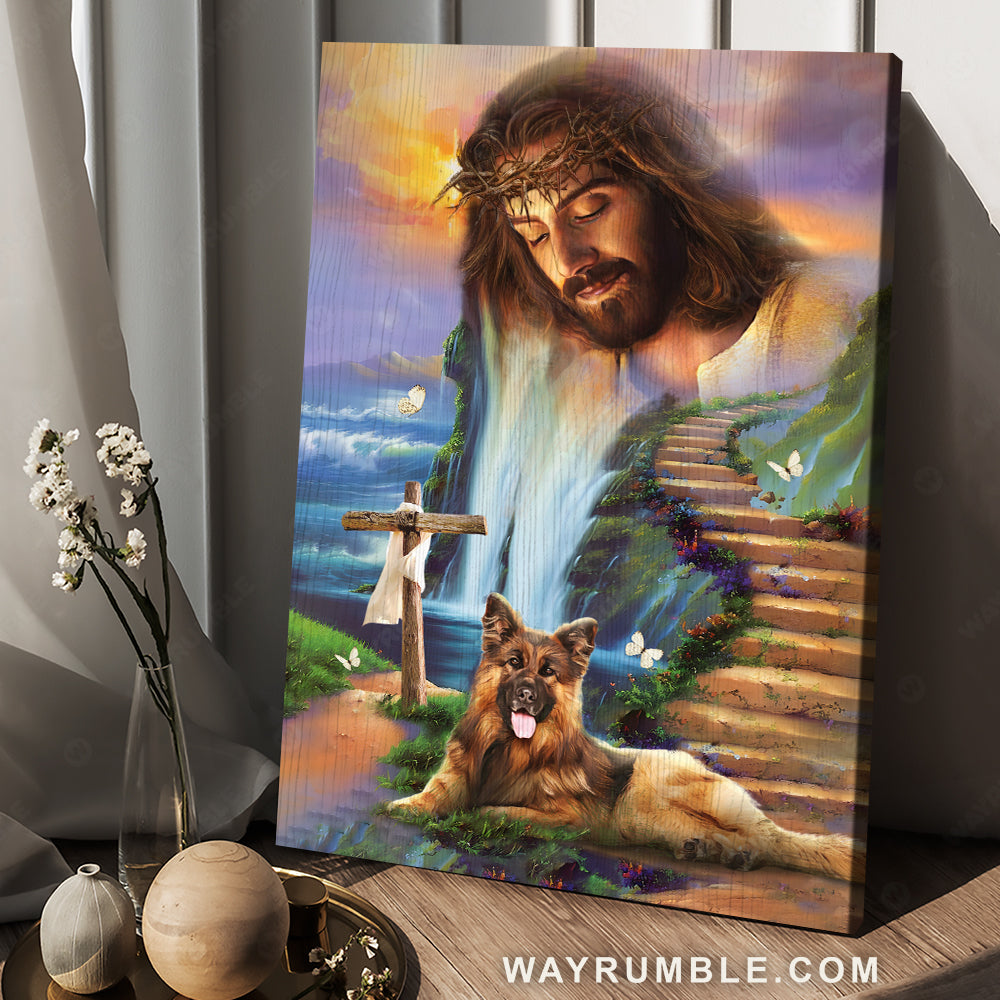 Lovely German Shepherd, Gorgeous Jesus painting, Beautiful path to heaven - Jesus Portrait Canvas Prints, Christian Wall Art