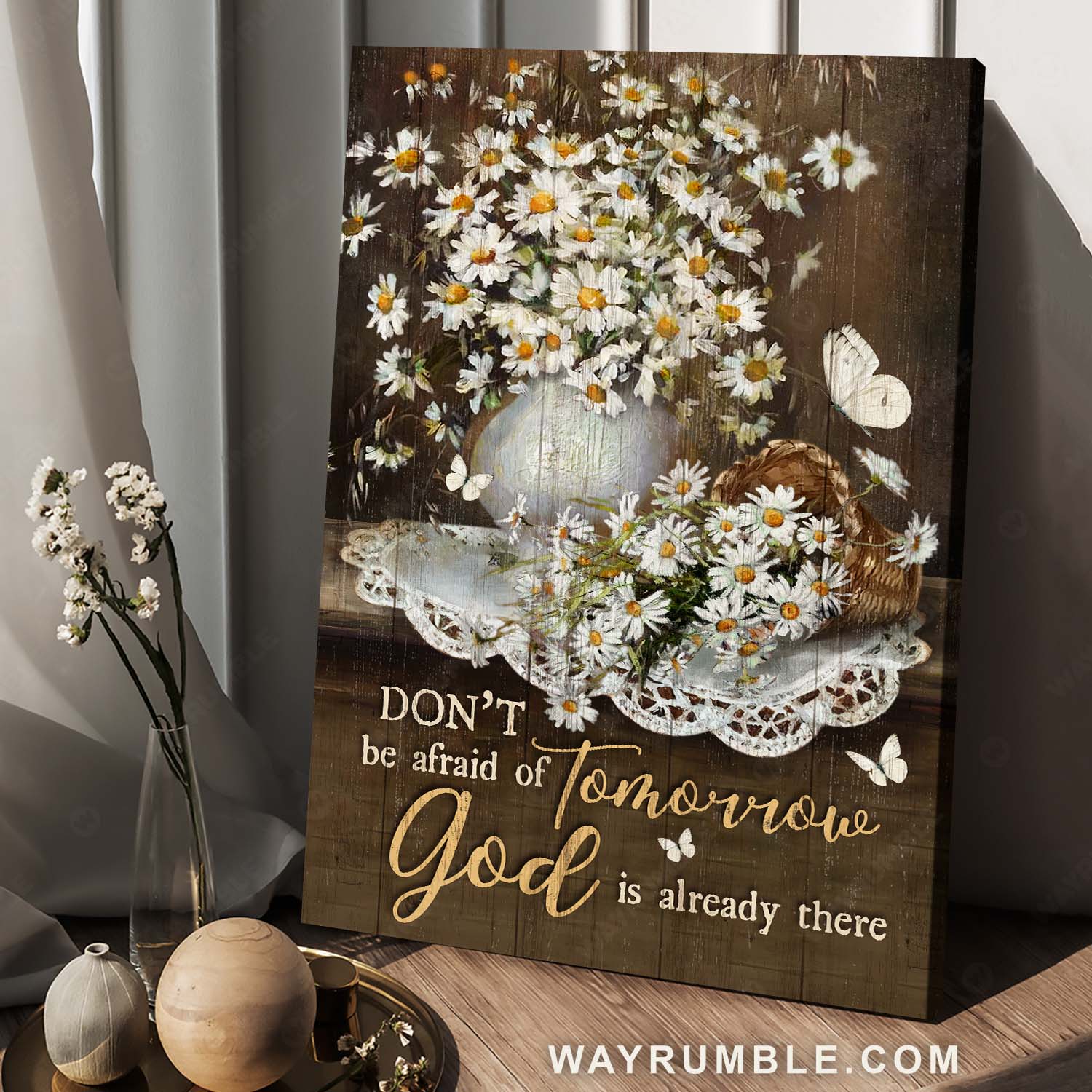 Daisy flower vase, White butterfly, Vintage art, God is already there - Jesus Portrait Canvas Prints, Home Decor Wall Art