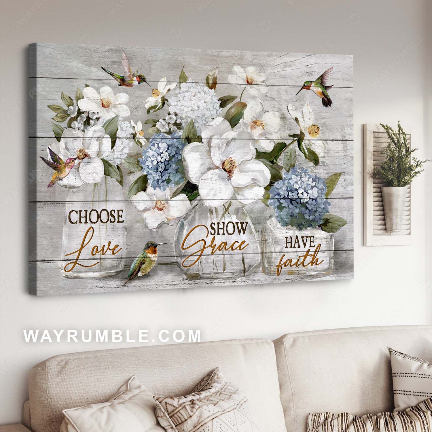 Hummingbird, White flower, Blue hydrangea, Choose love, Show grace, Have faith - Jesus Landscape Canvas Prints, Home Decor Wall Art