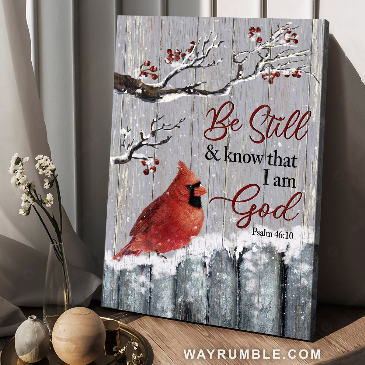 Cranberry tree, Red cardinal, Beautiful snowfall, Be still &amp; know that I am God - Jesus Portrait Canvas Prints, Christian Wall Art