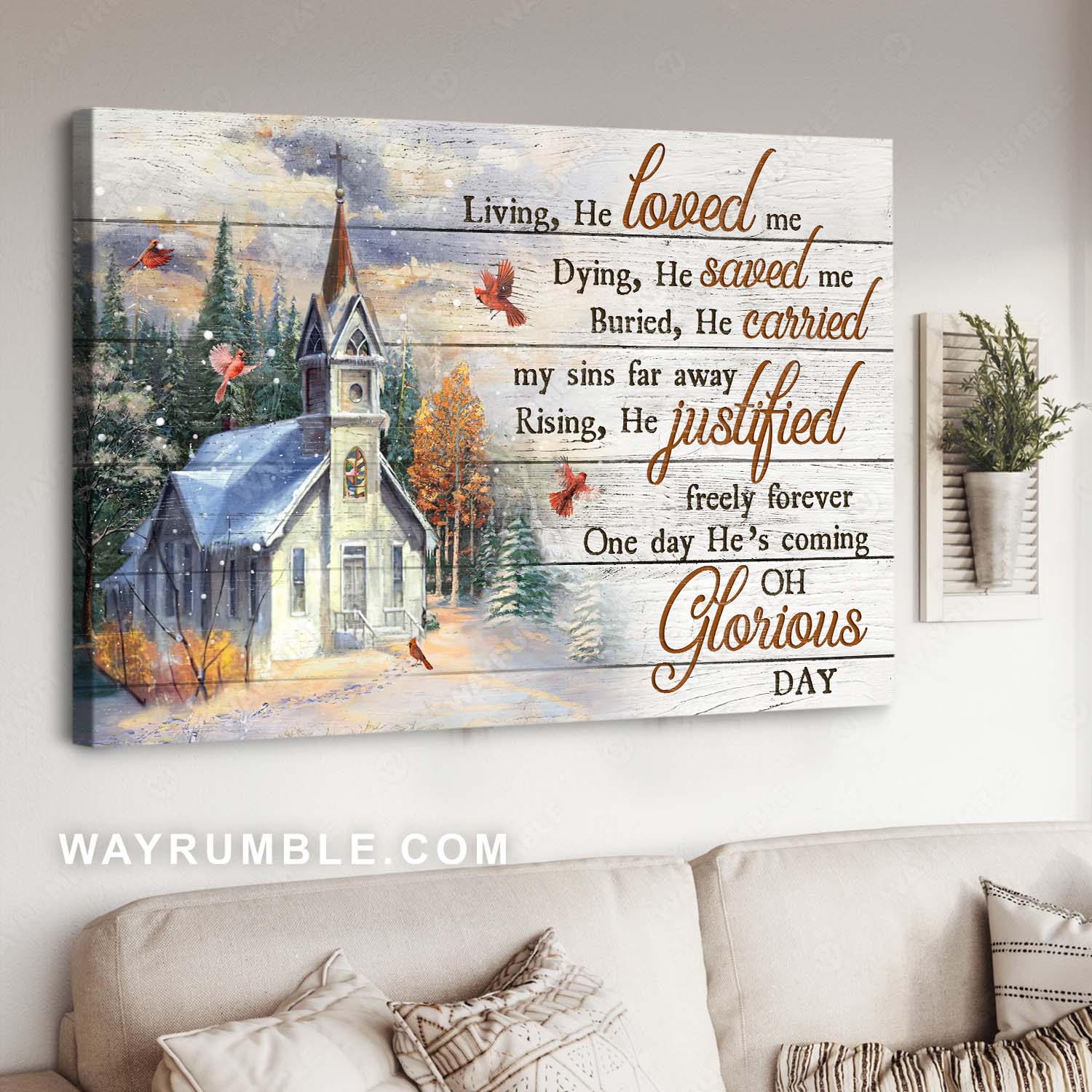 Catholic church, Red cardinal, Snowy forest, Glorious day - Jesus Landscape Canvas Prints, Home Decor Wall Art