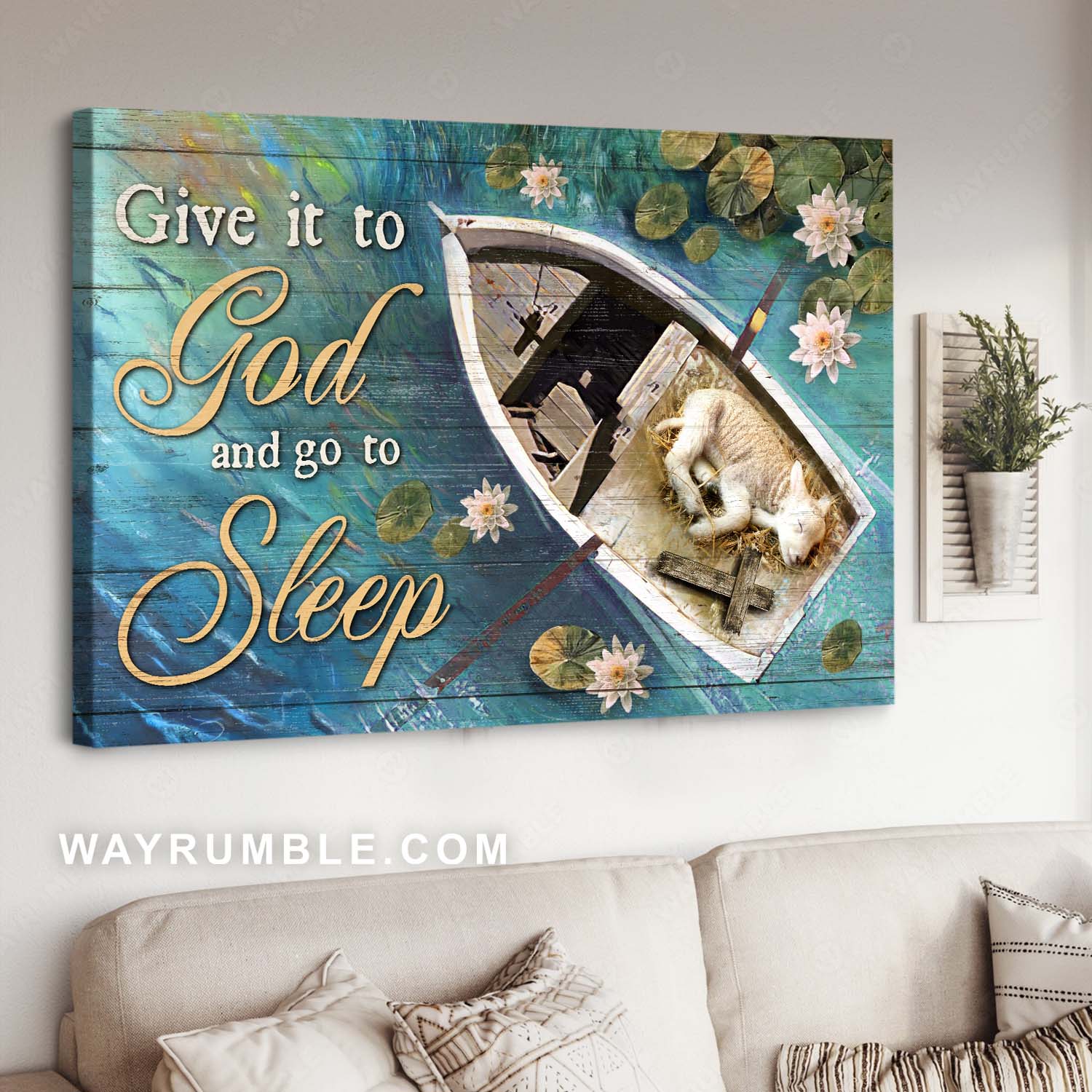 Lamb of God, Wooden boat, White water lily, Give it to God and go to sleep - Jesus Landscape Canvas Prints, Home Decor Wall Art