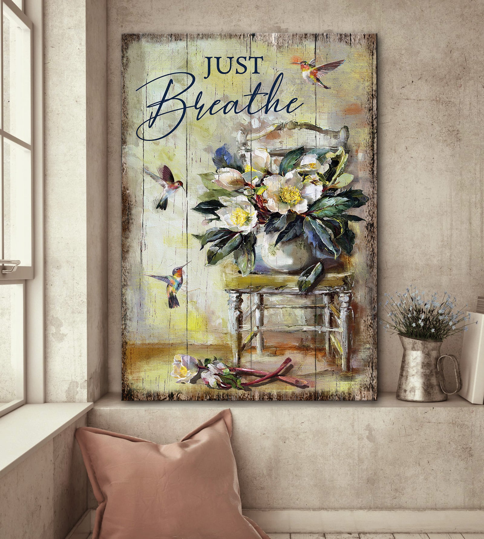 Flower vase with hummingbird - Just breathe - Jesus Portrait Canvas Print - Wall Art