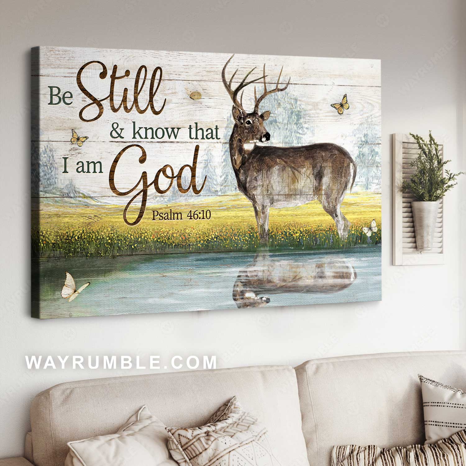 Deer painting, Wild animal, Peaceful flower field, Be still & know that I am God - Jesus Landscape Canvas Prints, Home Decor Wall Art