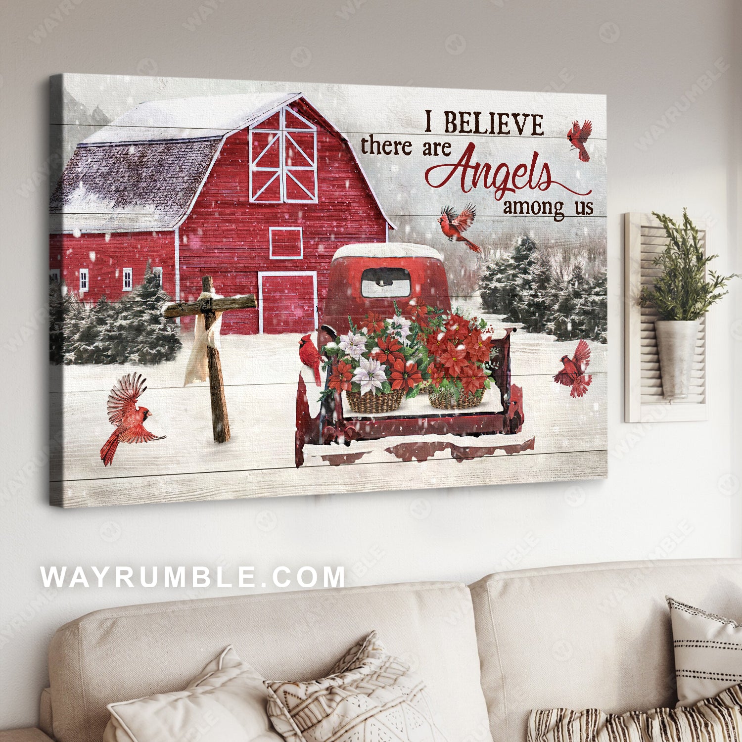 Farmhouse in winter, Red truck, Poinsettia flower, I believe there are angels among us - Jesus Landscape Canvas Prints, Home Decor Wall Art