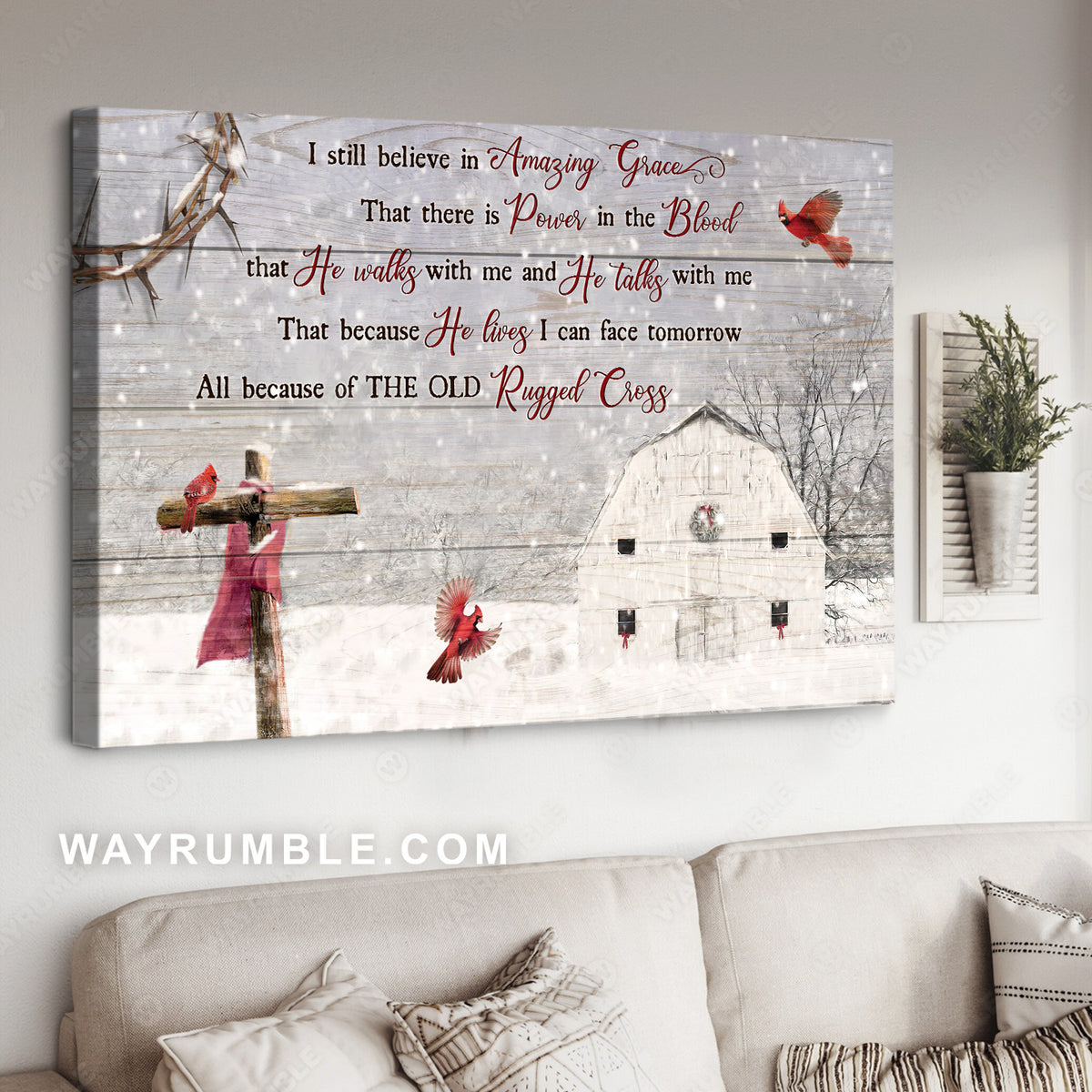 Snow on farm, Red cardinal, Rustic farmhouse, I still believe in amazing grace - Jesus Landscape Canvas Prints, Home Decor Wall Art