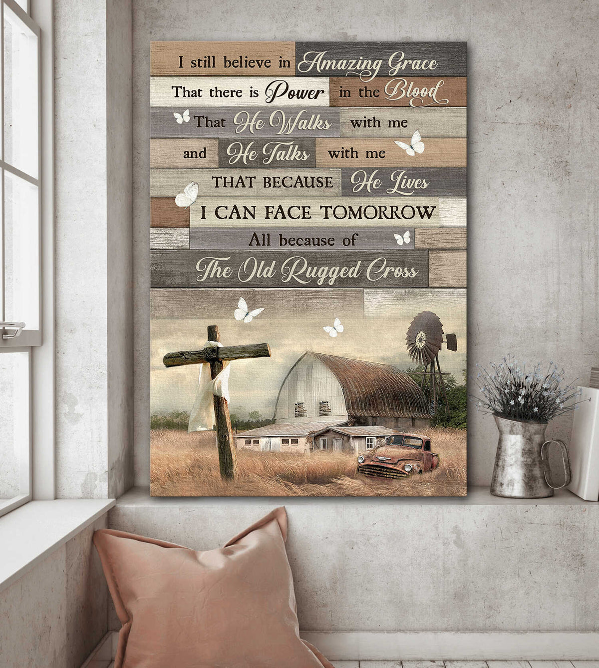 Tranquil farm, Wooden Cross, I still believe in amazing grace - Jesus Portrait Canvas Prints, Wall Art