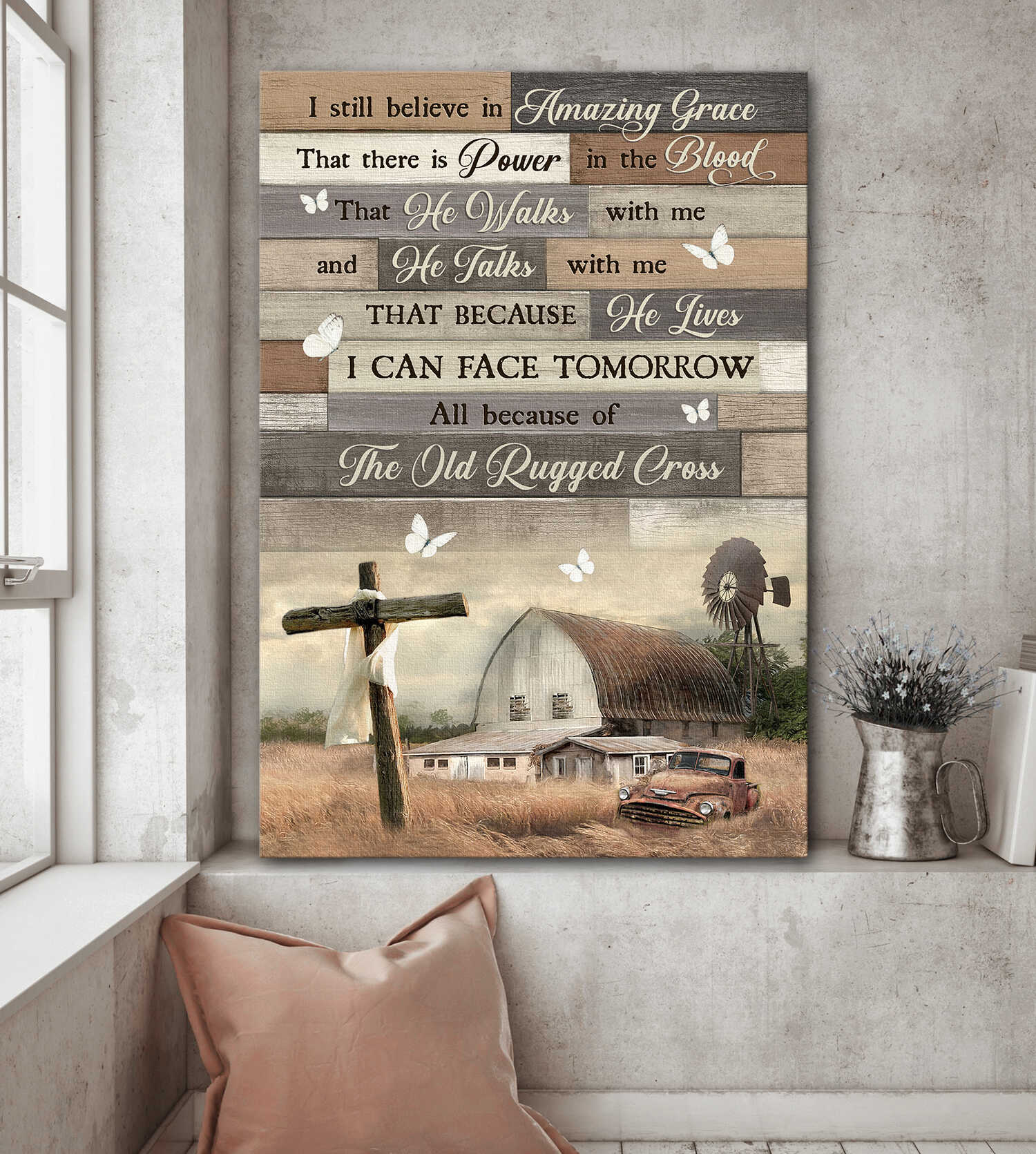 Tranquil farm, Wooden Cross, I still believe in amazing grace - Jesus Portrait Canvas Prints, Wall Art