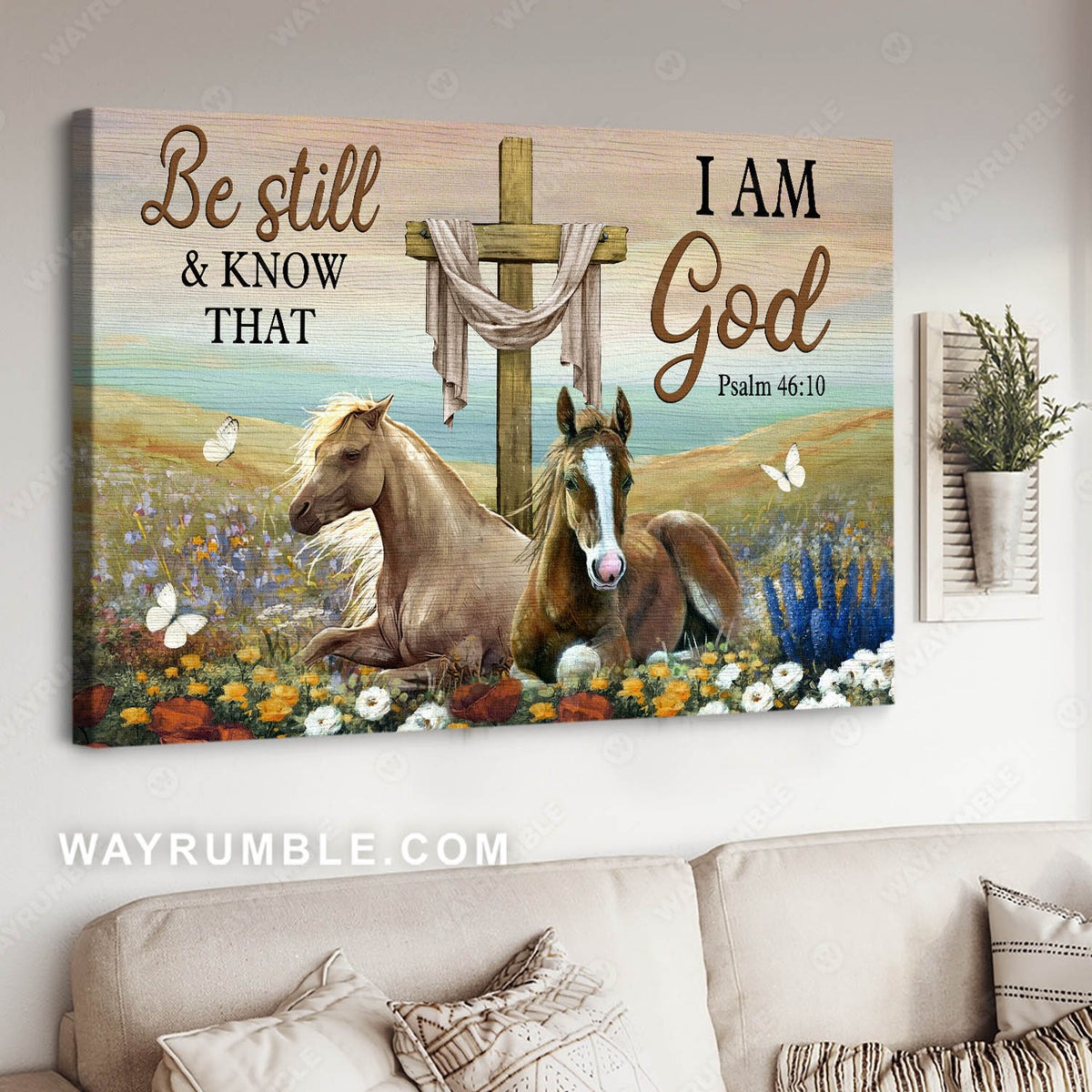 Beautiful horses, Old rugged cross, Flower field, Be still and know that I am God - Jesus Landscape Canvas Prints, Christian Wall Art