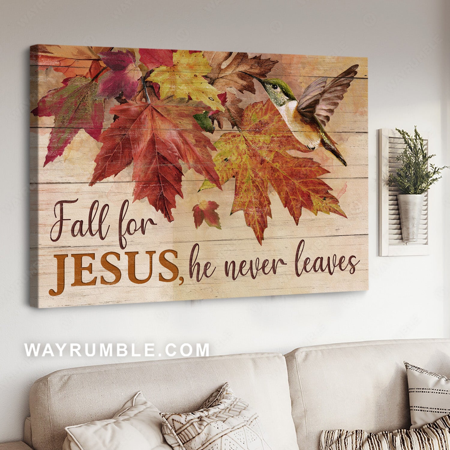 Autumn leaves, Hummingbird painting, Vintage art, Fall for Jesus, he never leaves - Jesus Landscape Canvas Prints, Home Decor Wall Art