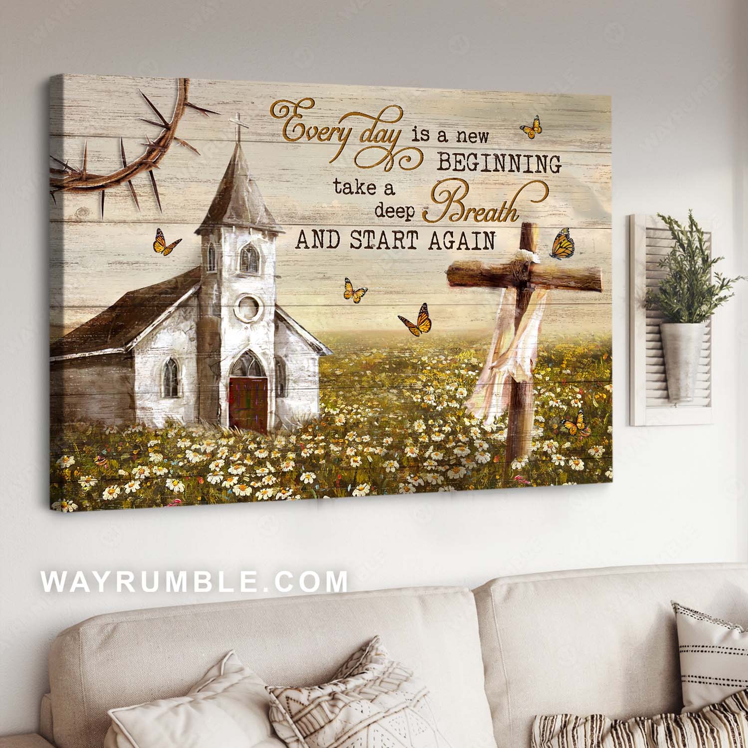 Vintage church, Rustic Daisy field, Monarch butterfly, Every day is a new beginning - Jesus Landscape Canvas Prints, Home Decor Wall Art