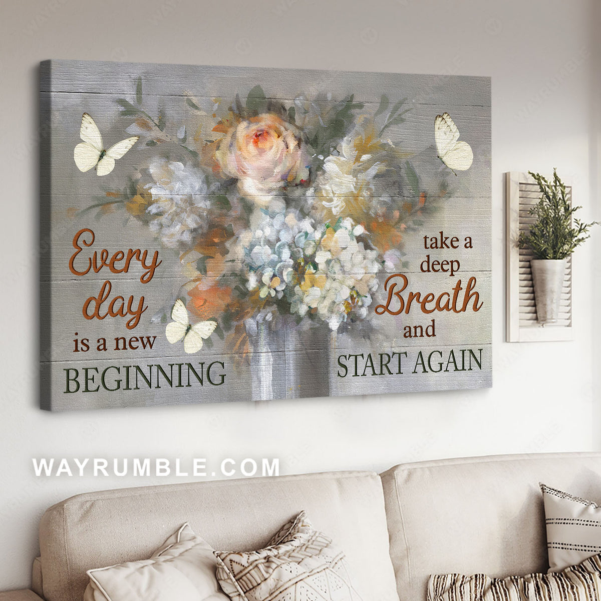 Abstract flower, White butterfly, Motivational quote, Every day is a new beginning - Jesus Landscape Canvas Prints, Home Decor Wall Art