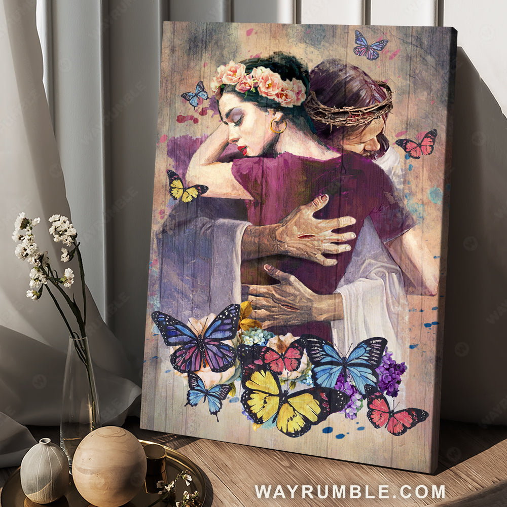 Abstract art, Watercolor butterflies, Jesus painting, Jesus hugs woman - Jesus Portrait Canvas Prints, Christian Wall Art