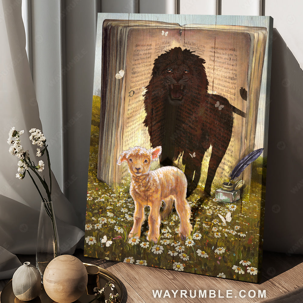 Abstract lion painting, Lamb of God, Daisy field, White butterfly, Inspirational art - Jesus Portrait Canvas Prints, Christian Wall Art