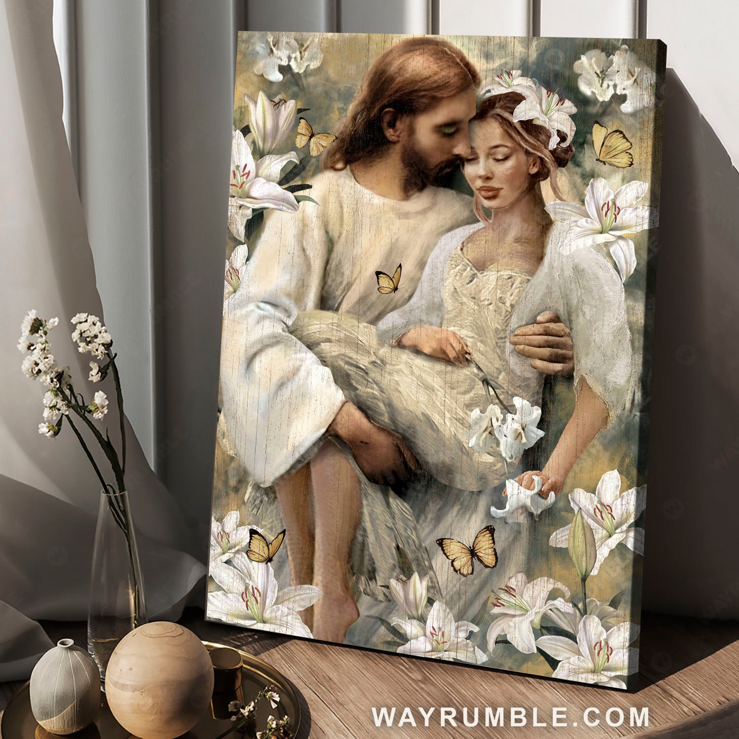 Beautiful woman, Lily flowers, Yellow butterfly, In the arms of God - Jesus Portrait Canvas Prints, Christian Wall Art