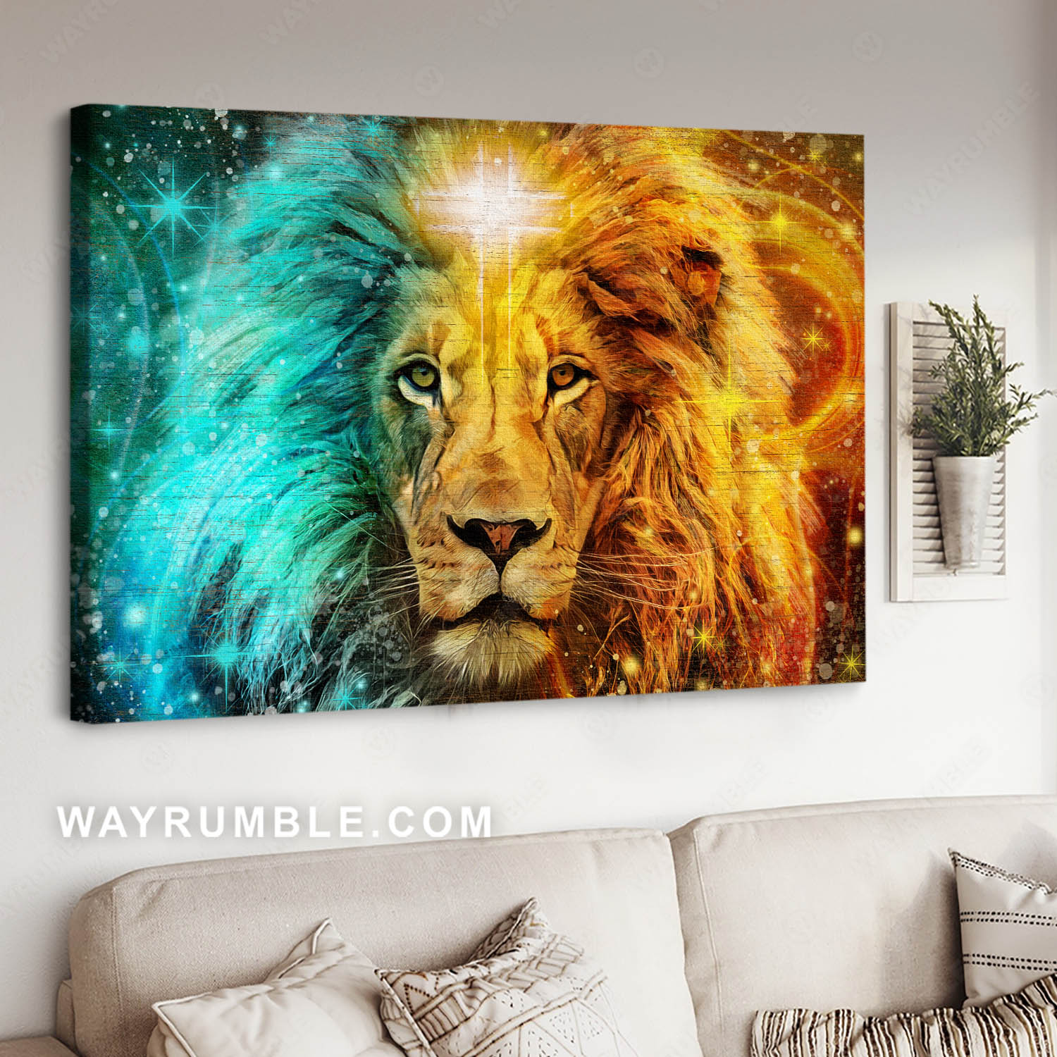 Fantastic lion head, Watercolor Lion of Judah, Stunning cross - Jesus Landscape Canvas Prints, Christian Wall Art