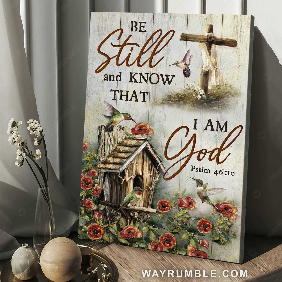 Hummingbird painting, Rustic garden, Red flower, Be still and know that I am God - Jesus Portrait Canvas Prints, Home Decor Wall Art