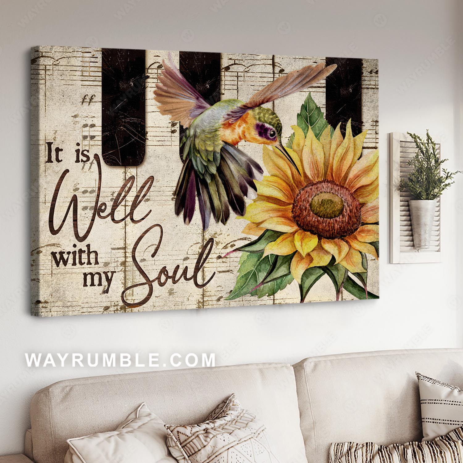 Watercolor hummingbird, Rustic sunflower, Piano keys, It is well with my soul - Jesus Landscape Canvas Prints, Home Decor Wall Art