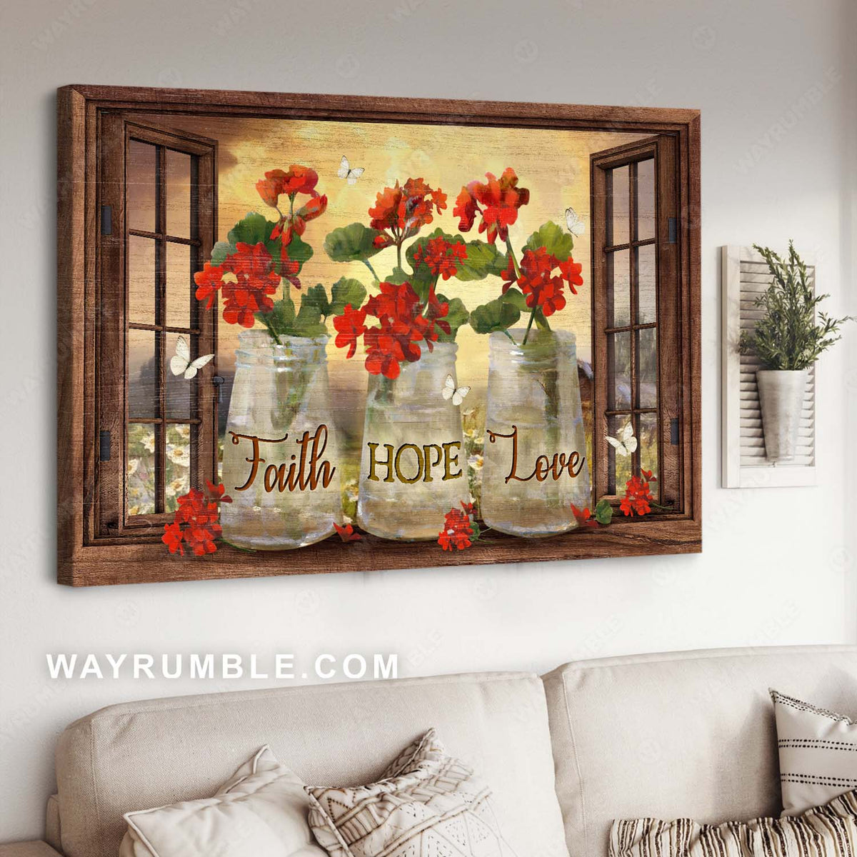 Abstract red flower painting, White butterfly, Wooden windows, Faith Hope Love - Jesus Landscape Canvas Prints, Home Decor Wall Art