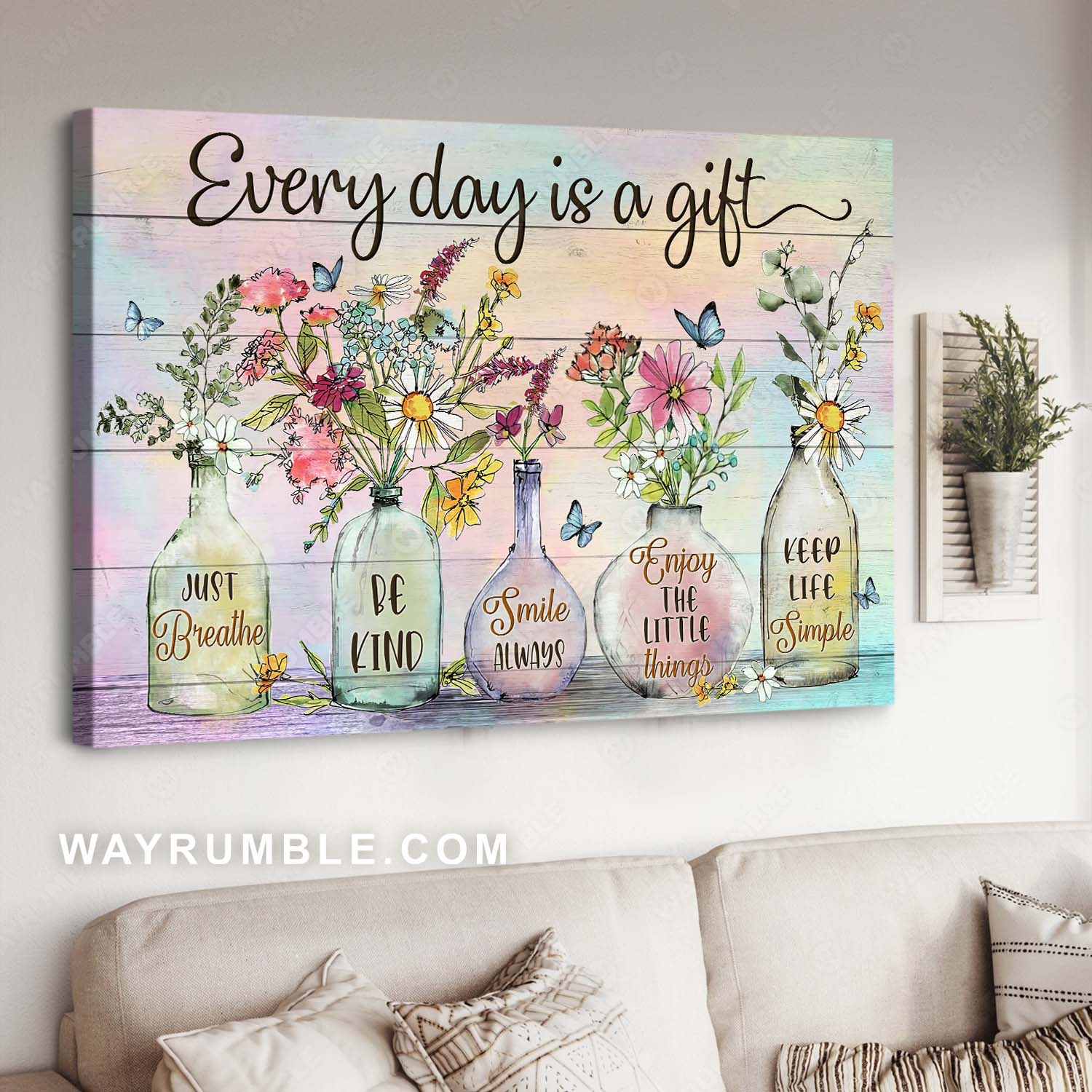 Watercolor flower painting, Rustic flower vase, Blue butterfly, Every day is a gift - Jesus Landscape Canvas Prints, Home Decor Wall Art