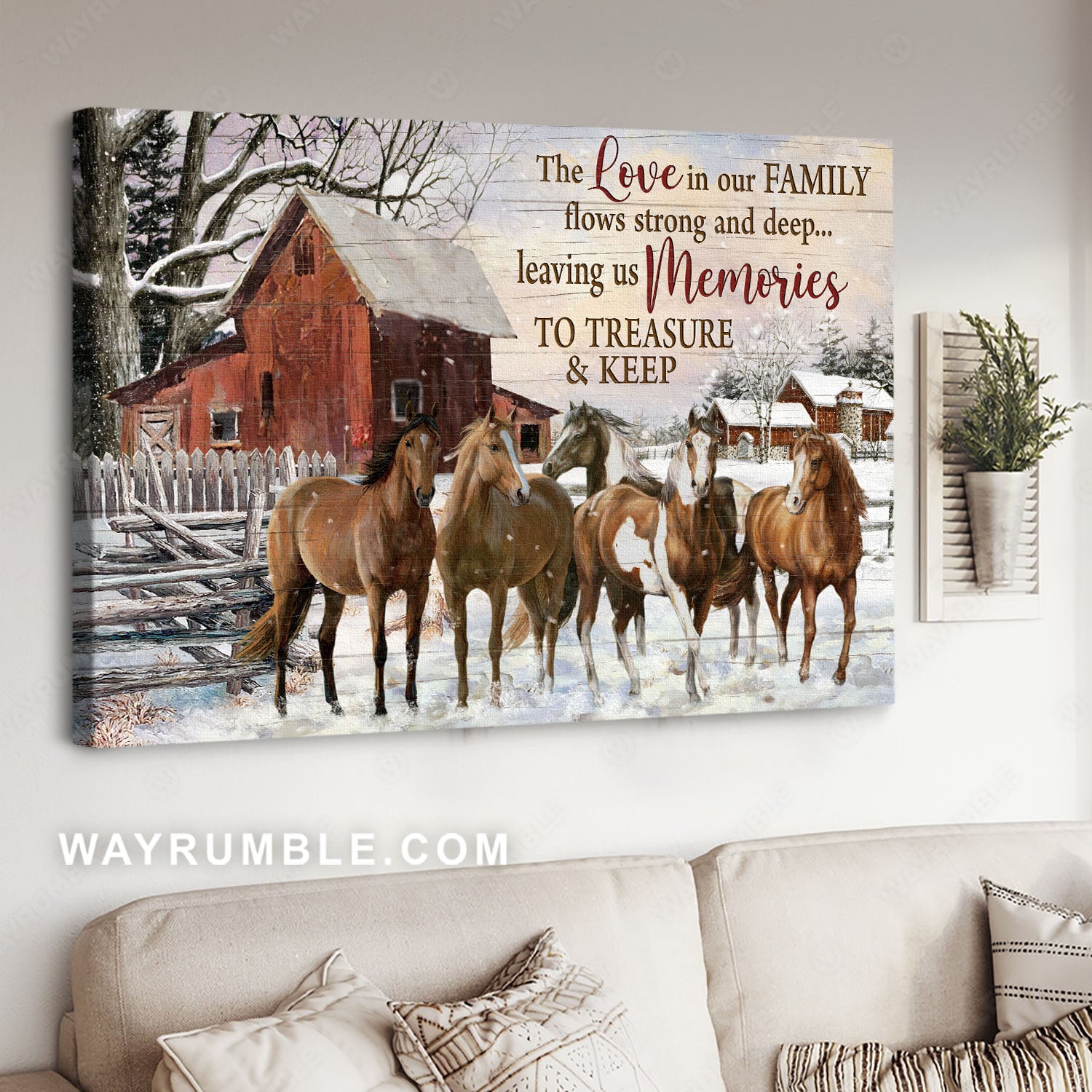 Brown horse, Beautiful snowfall, Rustic farmhouse, The love in our family - Jesus Landscape Canvas Prints, Home Decor Wall Art