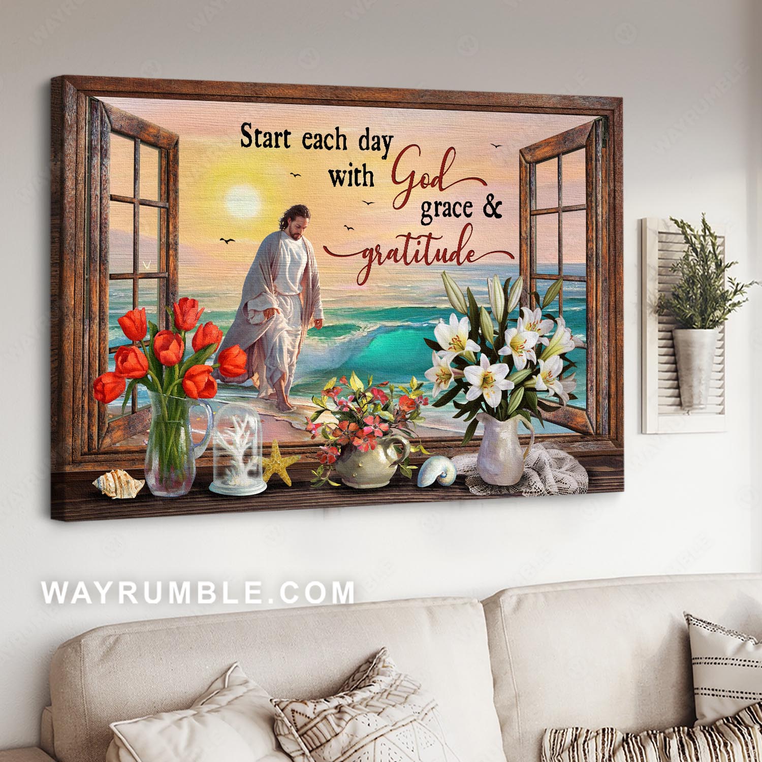 Beautiful beach, Lovely flower vase, Start each day with God, grace & gratitude - Jesus Landscape Canvas Prints, Christian Wall Art