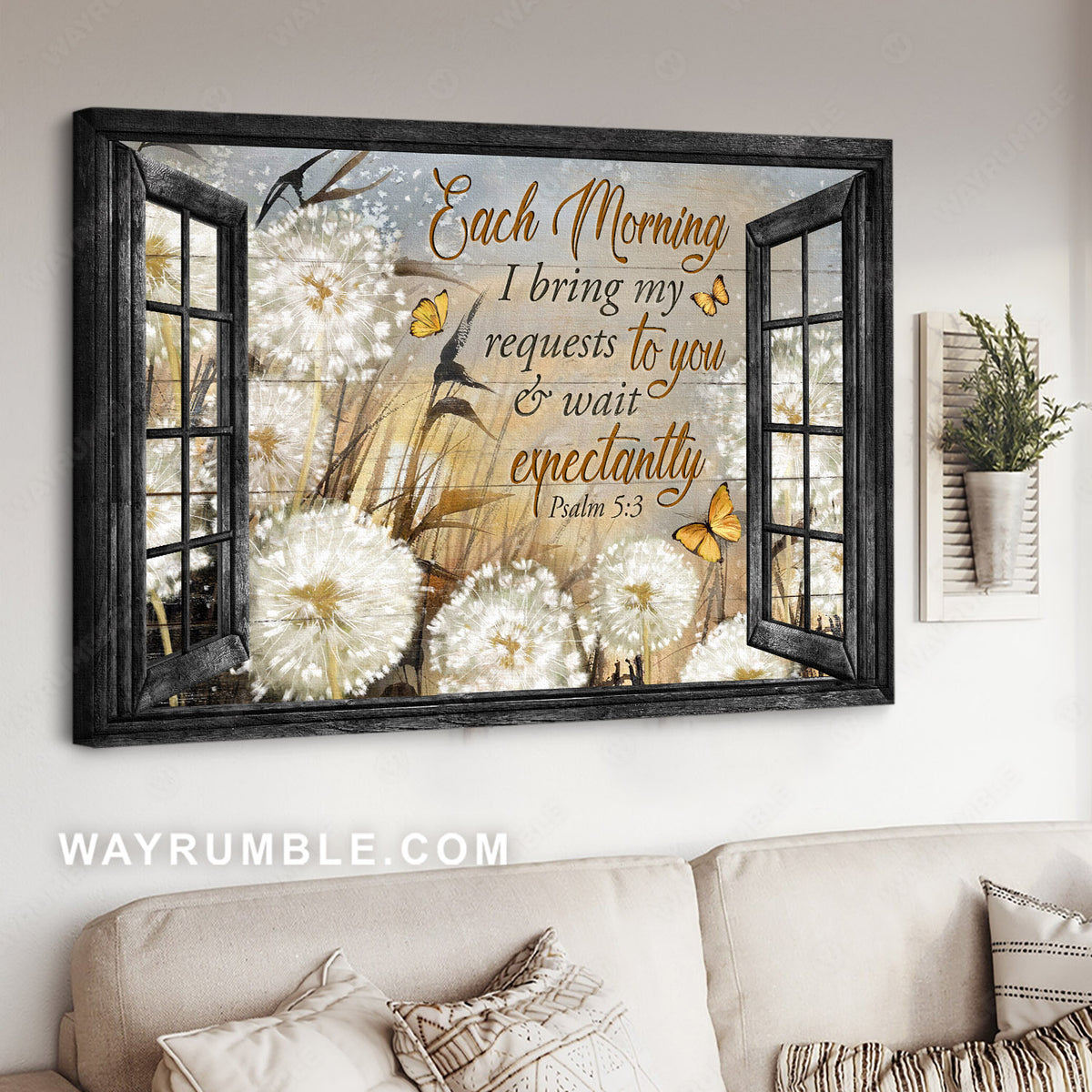 Dandelion field, Yellow butterfly, Bible verse, Each morning I bring my requests to you - Jesus Landscape Canvas Prints, Home Decor Wall Art