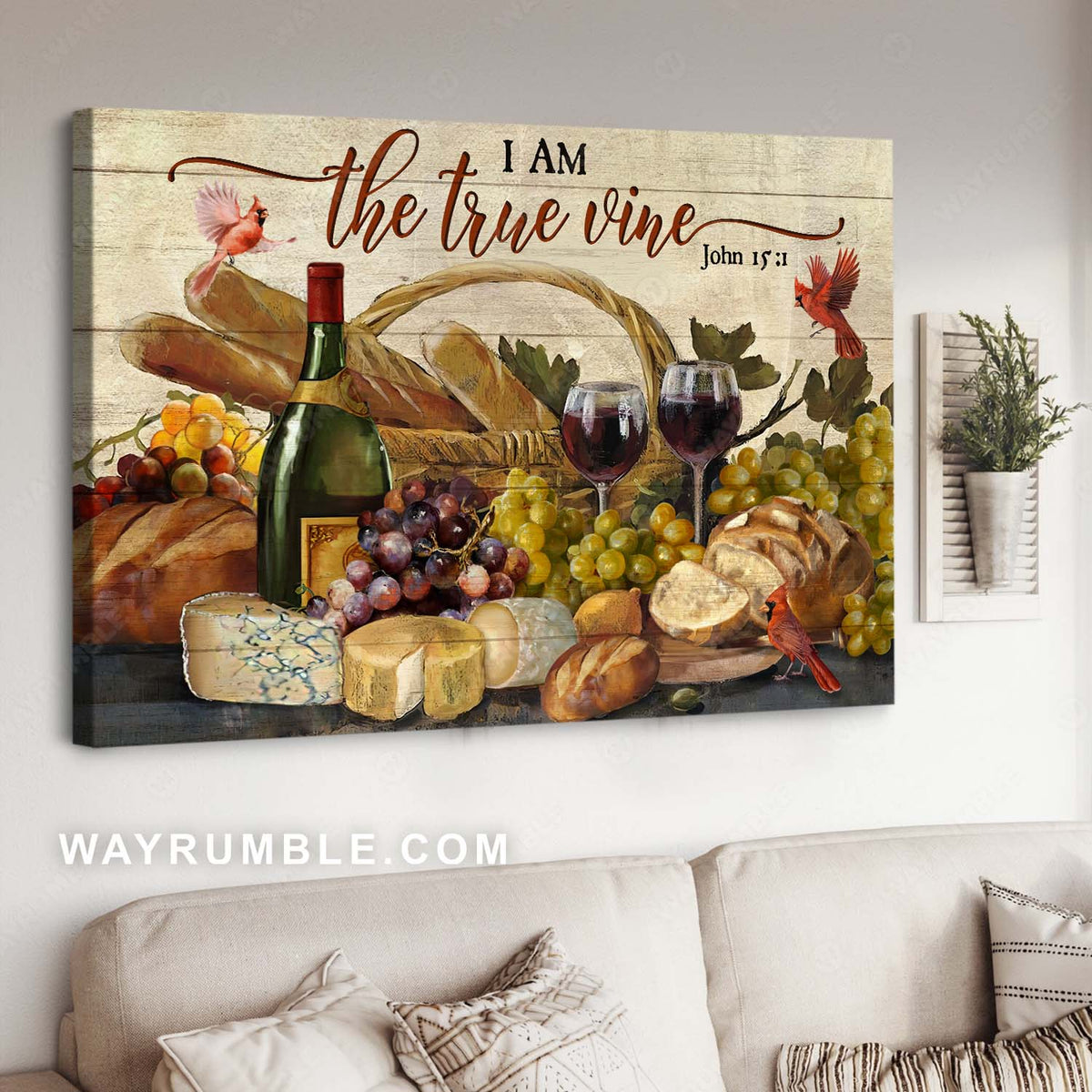 Food drawing, Red cardinal, Wine glasses, I am the true vine - Jesus Landscape Canvas Prints, Home Decor Wall Art