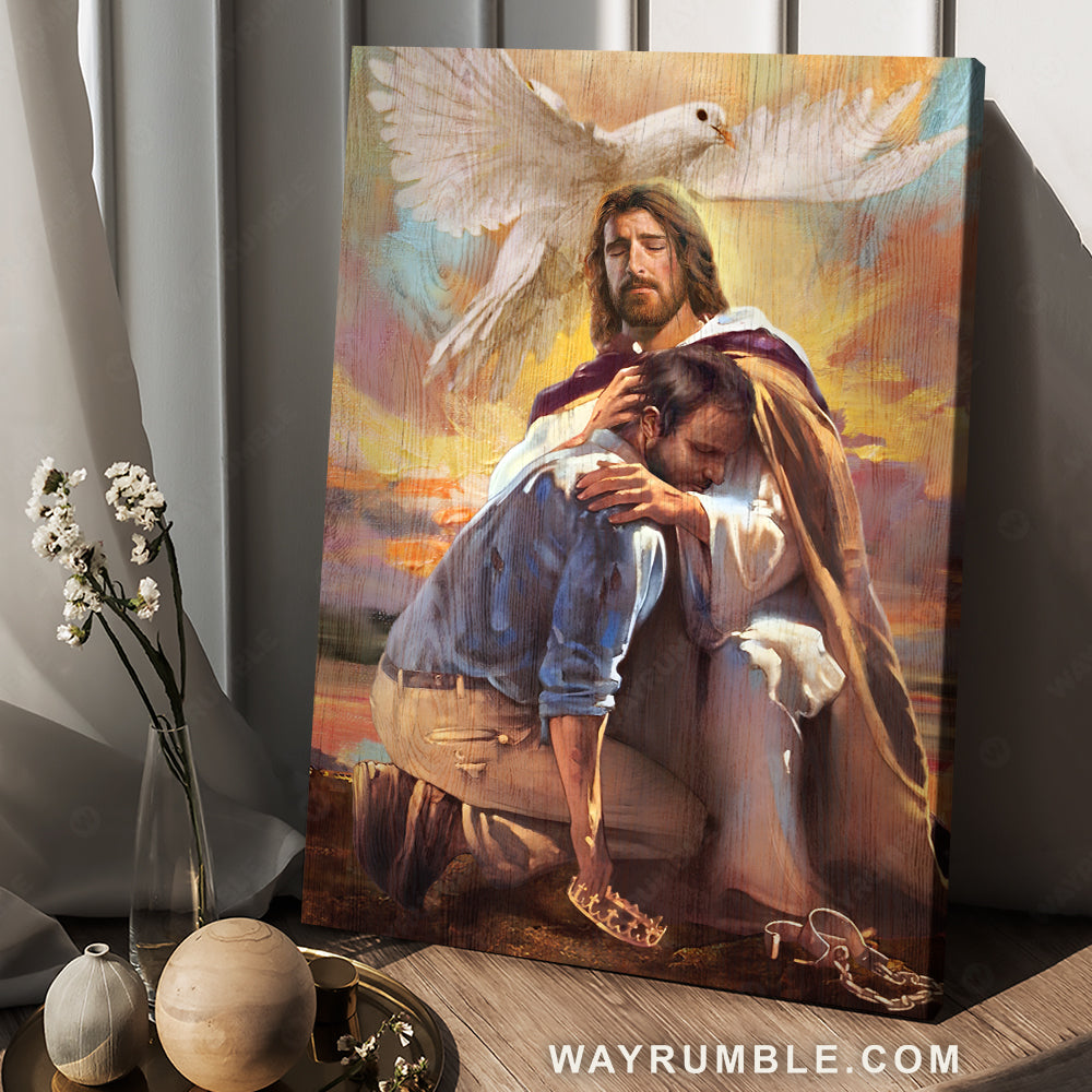 Dove of peace, Beautiful sunset, Amazing crown, Sheltered in the arms of God - Jesus Portrait Canvas Prints, Christian Wall Art