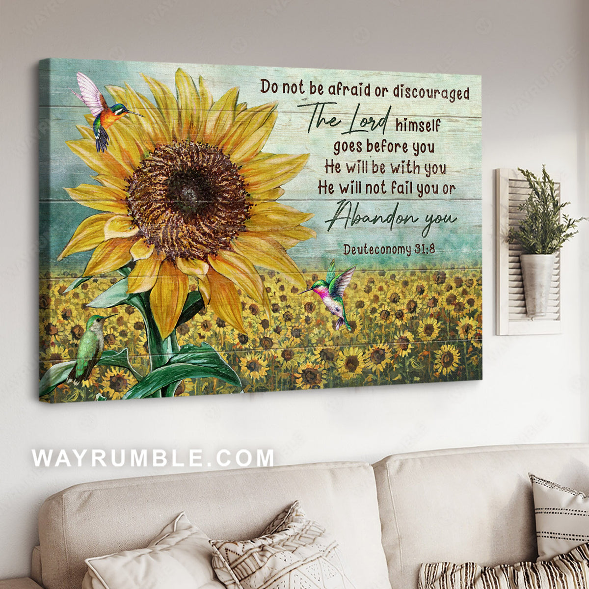Sunflower field, Hummingbird drawing, Do not be afraid or discouraged - Jesus Landscape Canvas Prints, Home Decor Wall Art