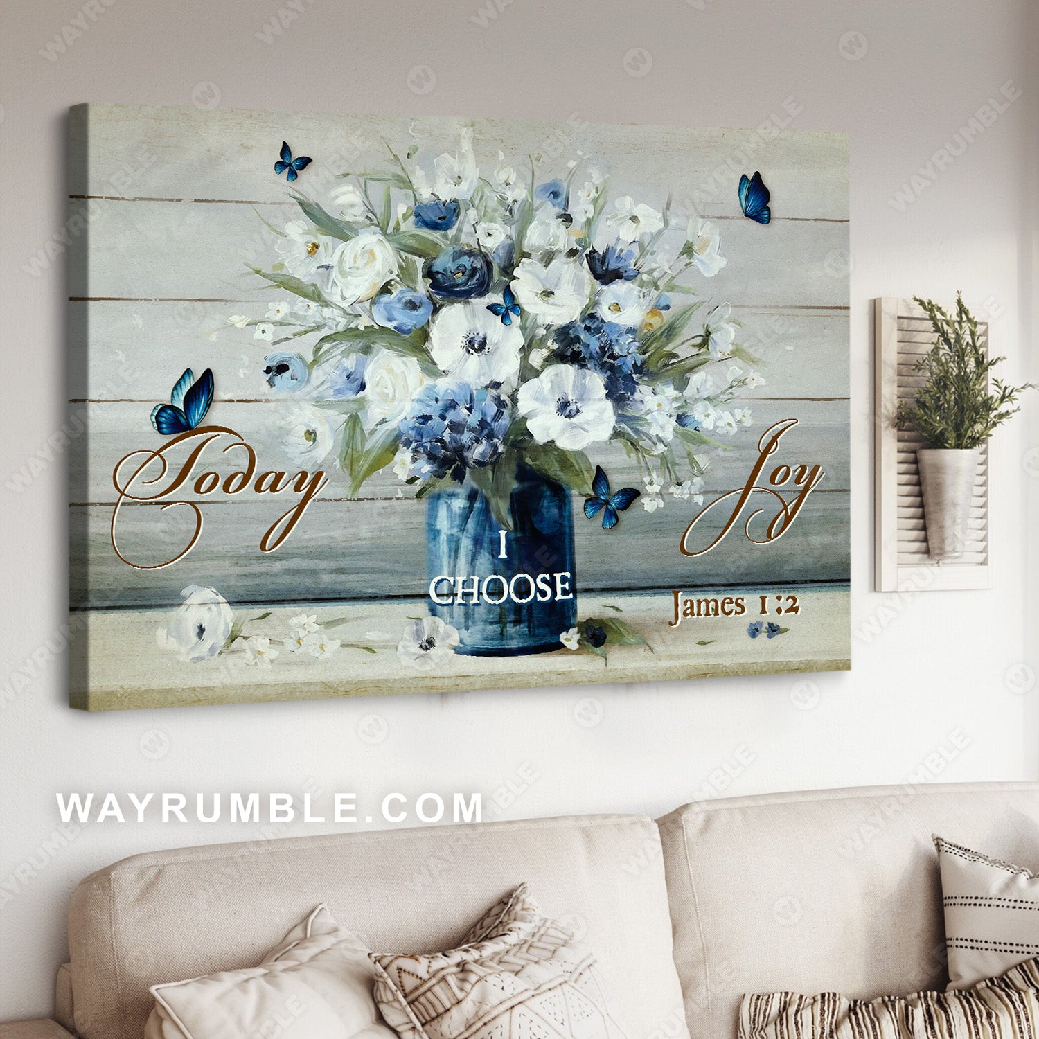 Flower painting, Blue butterfly, Verse of the day, Today I choose joy - Jesus Landscape Canvas Prints, Christian Wall Art