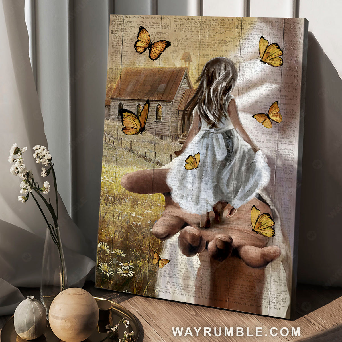 Rustic farmhouse, Yellow butterfly, Spiritual painting, Jesus Christ and a little girl - Jesus Portrait Canvas Prints, Home Decor Wall Art
