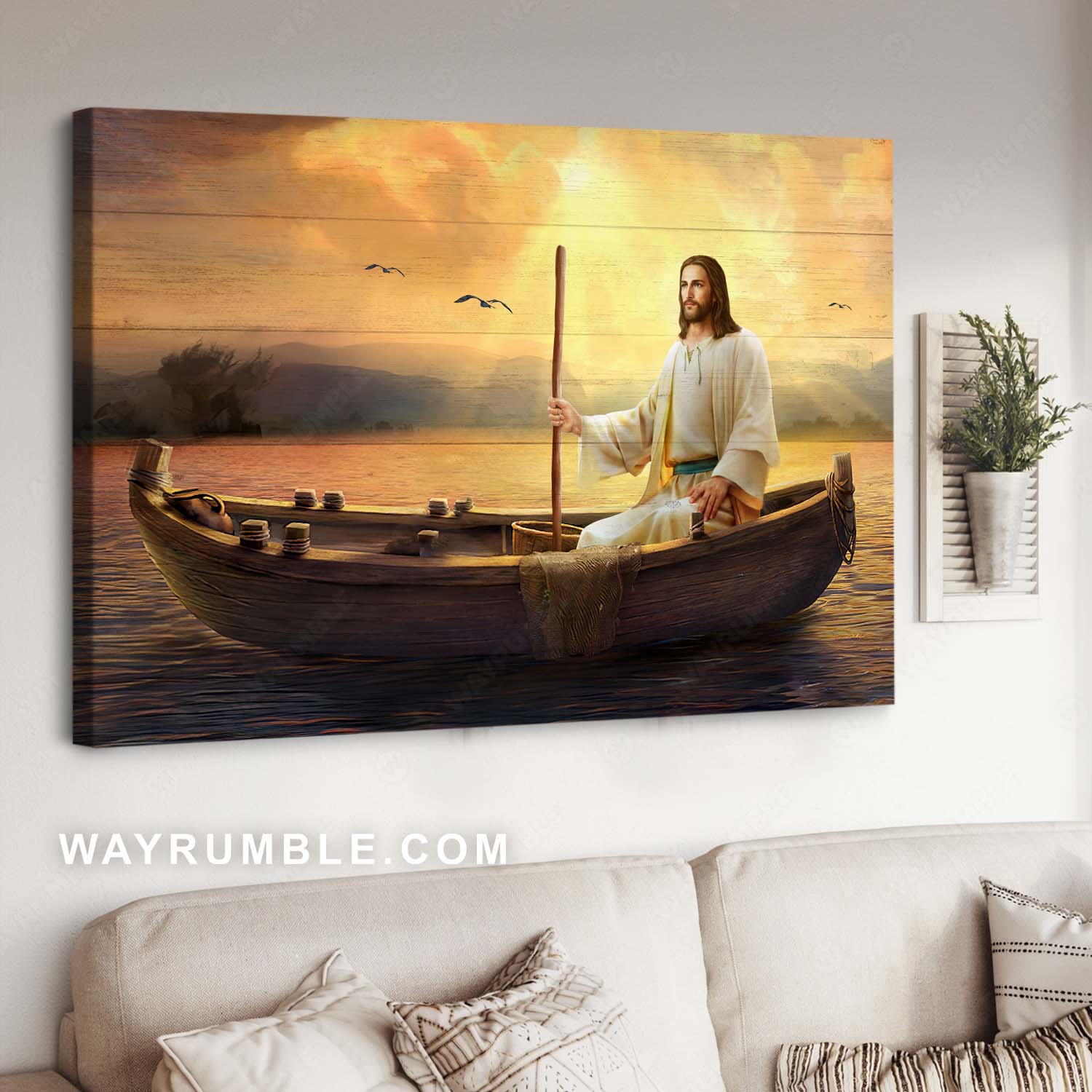 Gorgeous sunrise, Abstract Jesus painting, Jesus boat, On the river - Jesus Landscape Canvas Prints, Christian Wall Art