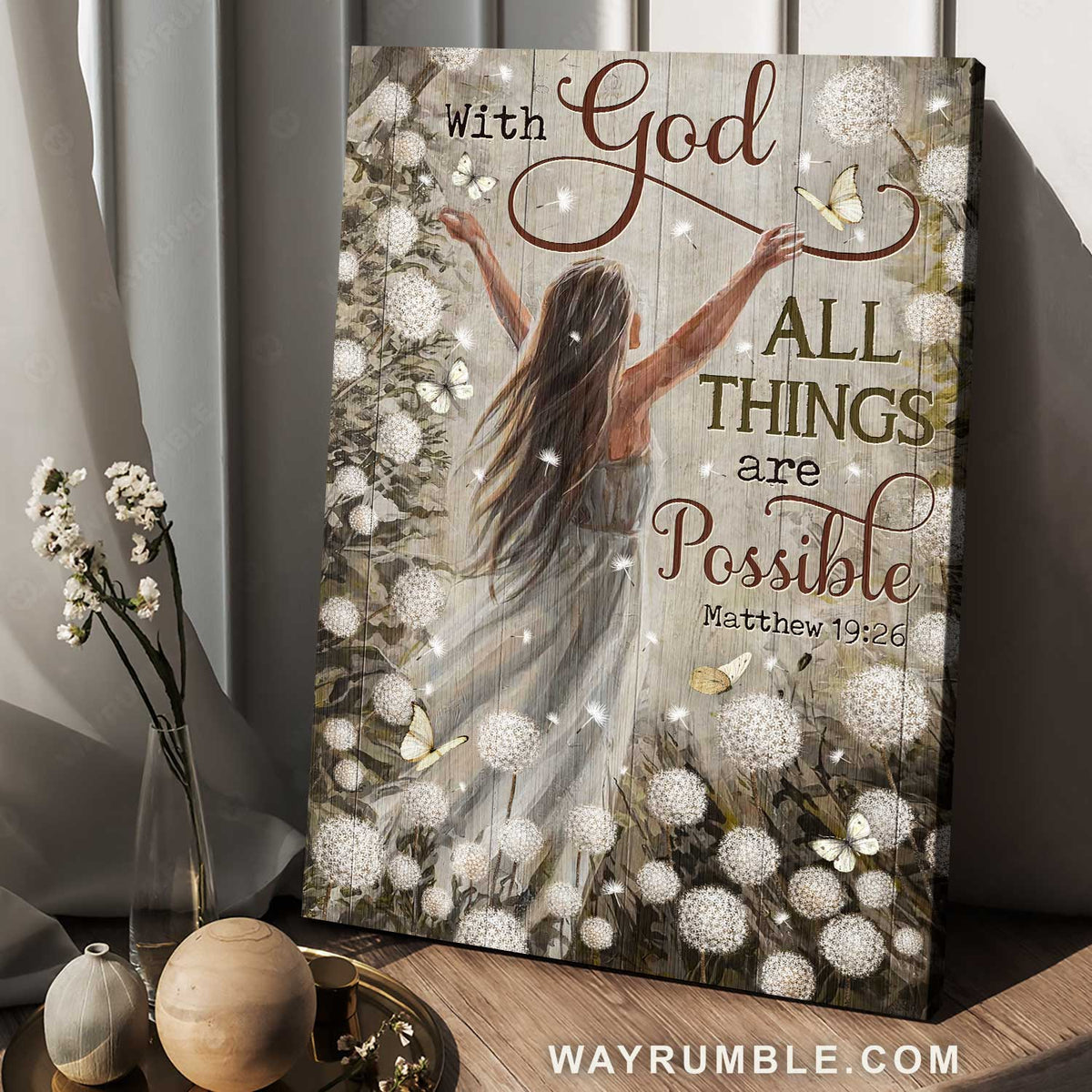 Dandelion field, Lovely girl, White butterfly, With God all things are possible - Jesus Portrait Canvas Prints, Christian Wall Art