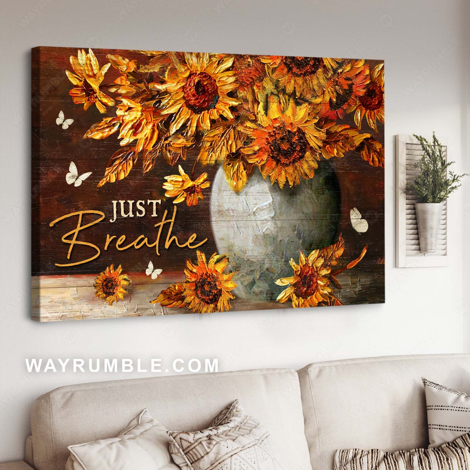 Abstract sunflower painting, White butterfly, Motivational quote, Just breathe - Jesus Landscape Canvas Prints, Home Decor Wall Art