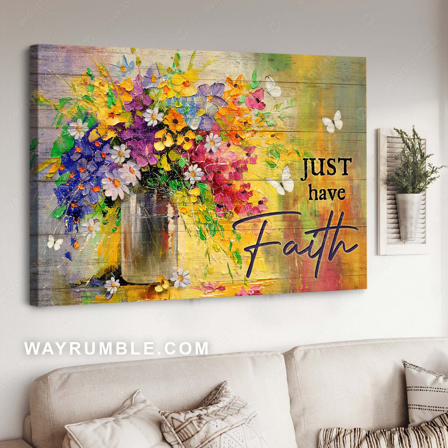 Watercolor flower painting, Colorful flower vase, White butterfly, Just have faith - Jesus Landscape Canvas Prints, Home Decor Wall Art
