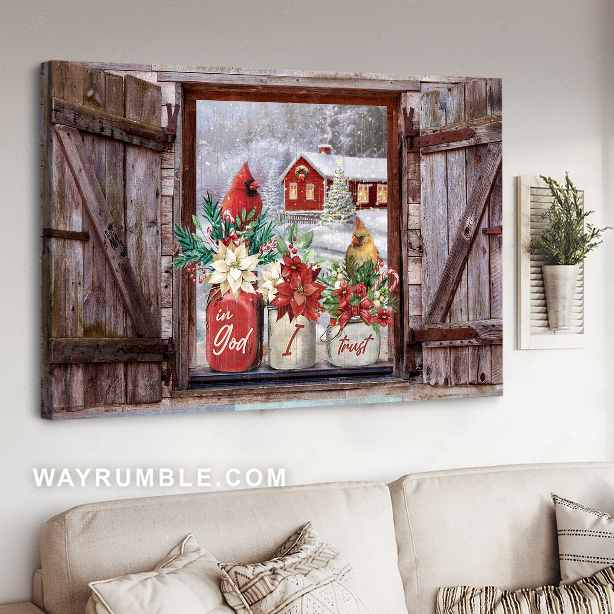 Cardinal couple, Poinsettia drawing, Winter season, In God I trust - Jesus Landscape Canvas Prints, Home Decor Wall Art