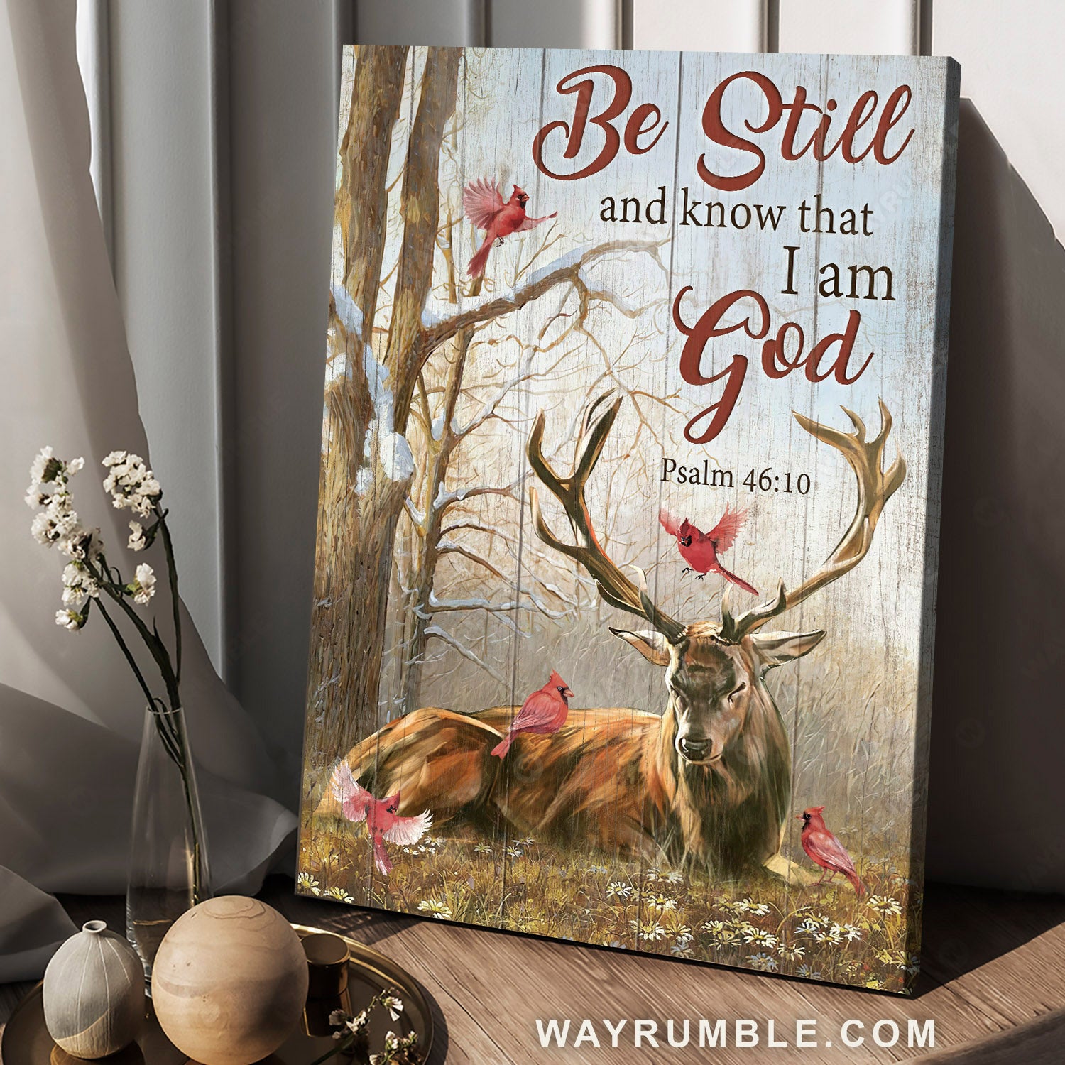 Deer painting, Red cardinal, Winter season, Be still and know that I am God - Jesus Portrait Canvas Prints, Home Decor Wall Art
