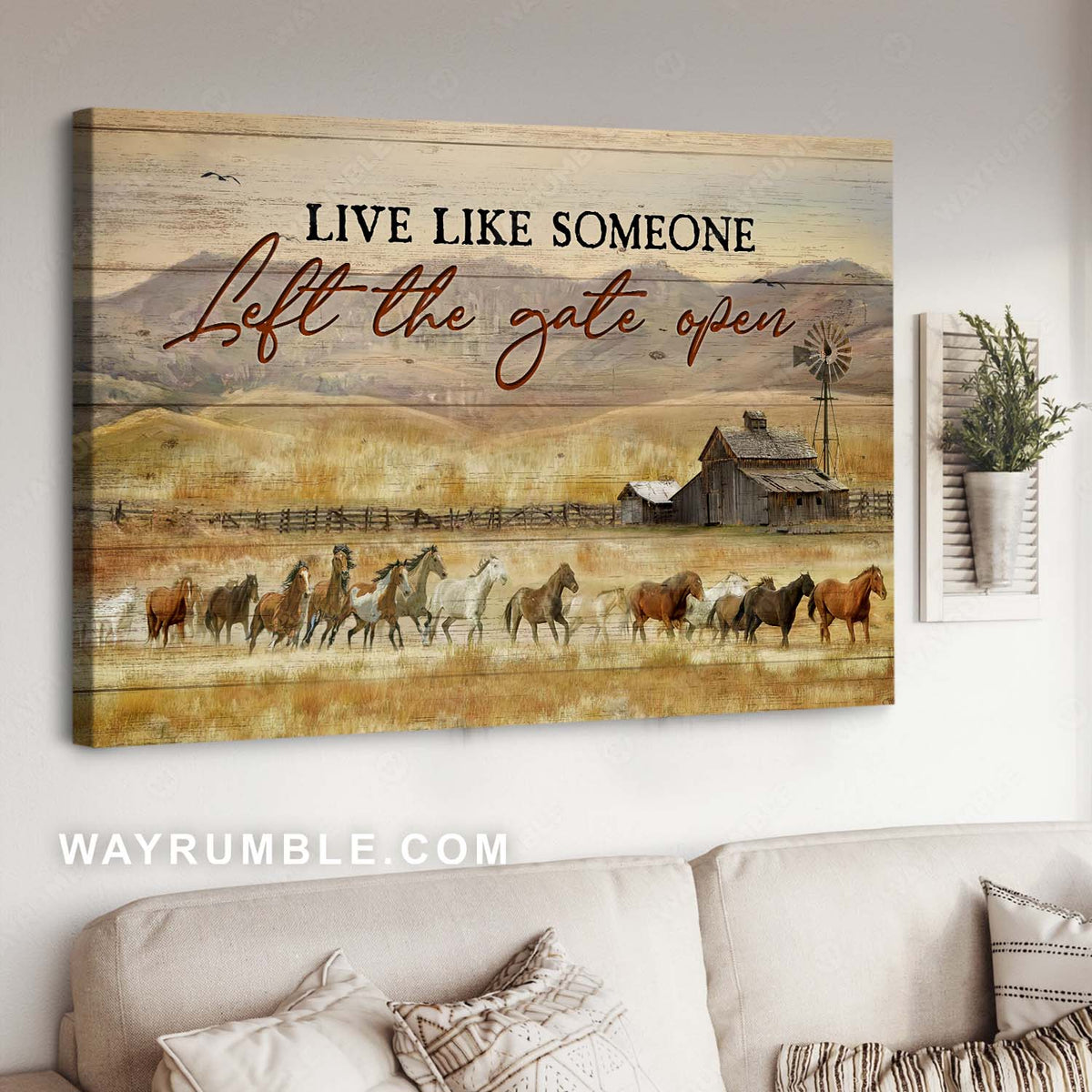 Meadow, Running horses, Rustic farm, Live like someone left the gate open - Jesus Landscape Canvas Prints, Home Decor Wall Art