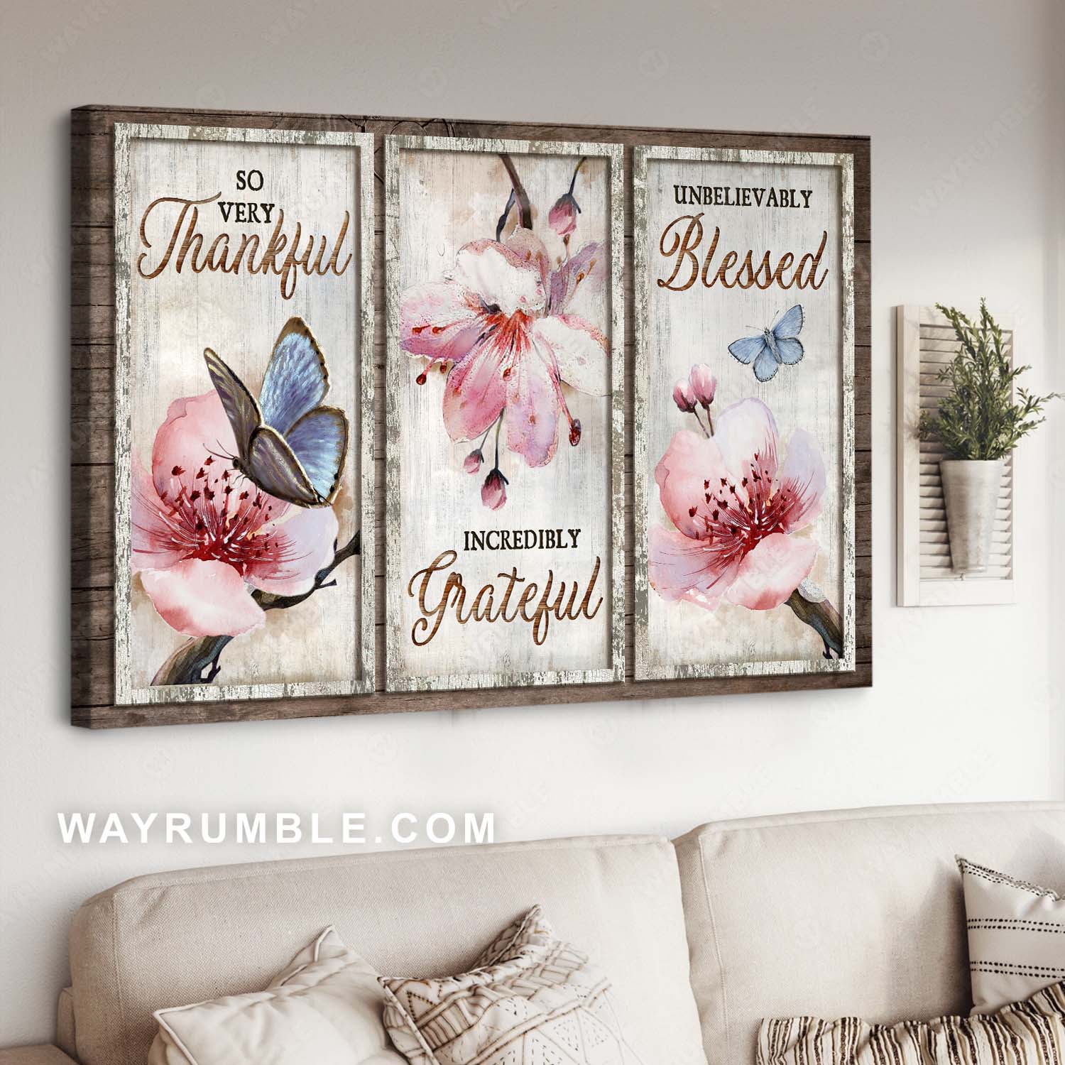 Cherry blossom, Blue butterfly, Positive quote, Thankful, Grateful, Blessed - Jesus Landscape Canvas Prints, Home Decor Wall Art
