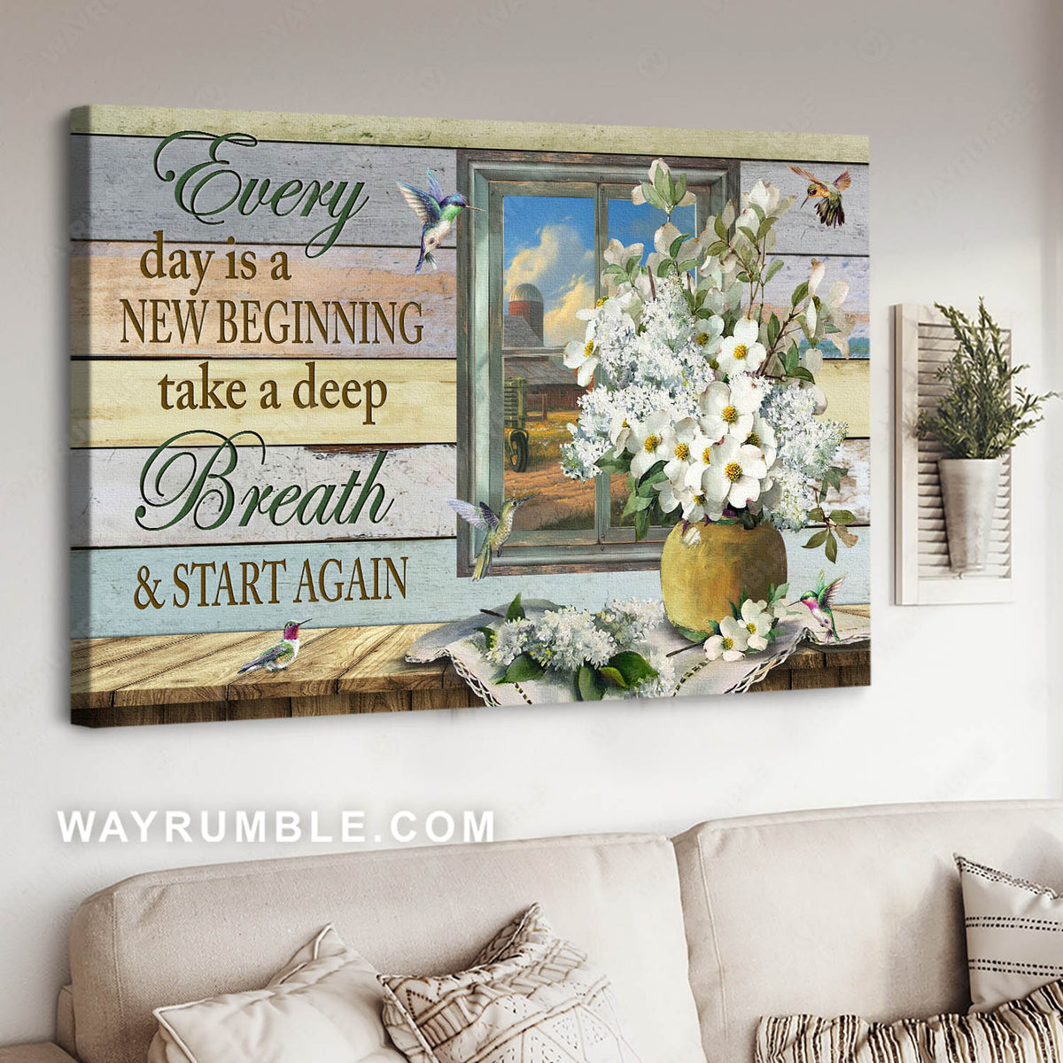 Hummingbird painting, Flower vase, White flower, Every day is a new beginning - Jesus Landscape Canvas Prints, Home Decor Wall Art